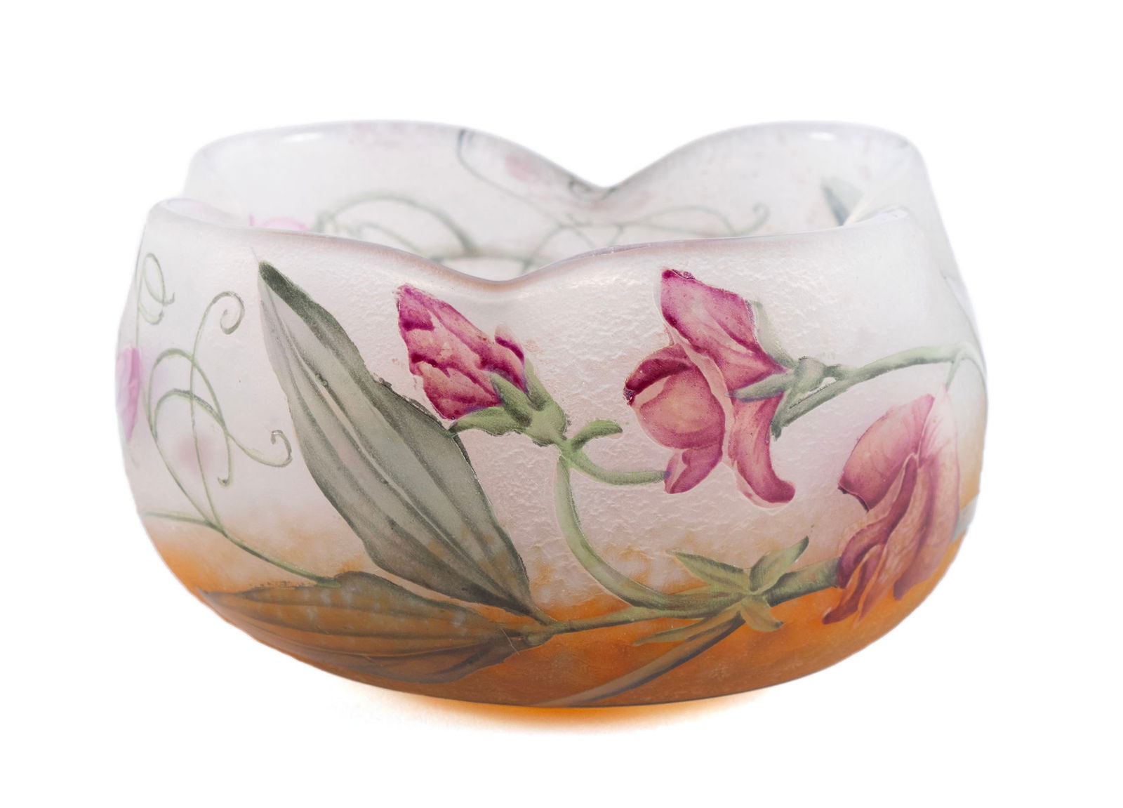DAUM NANCY ENAMELED CAMEO GLASS BOWL: DAUM NANCY ENAMELED CAMEO GLASS BOWLFrench, circa 1915. Marked, lobed bowl decorated with flowers.2 1/2 x 4 1/2 in. (6.4 x 11.4 cm.)
