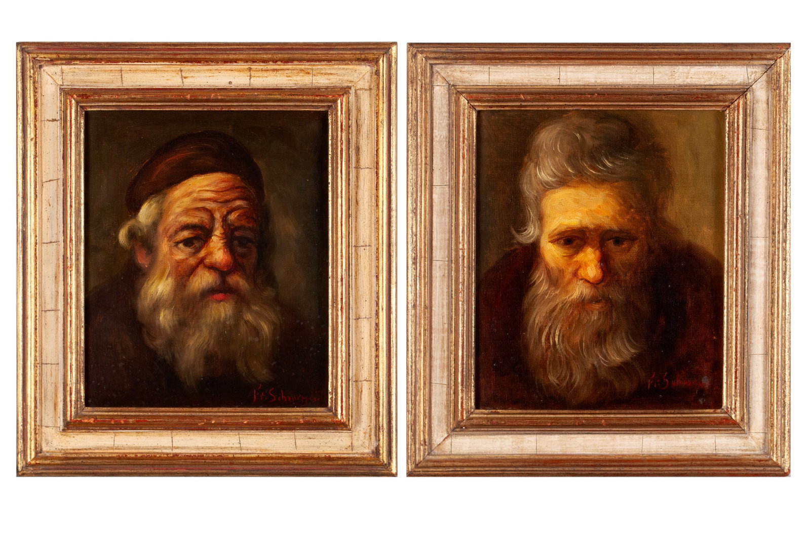 FRANZ SCHOORMANN (DUTCH, B. 1902): Franz Schoormann Dutch, b. 1902 Oil on canvas Both works signed lower right. Two portraits of older bearded gentlemen done in the style of Rembrandt. Verso: 12 1/4 x 10 in. (31.1 x 25.4 cm.), Frame: 1