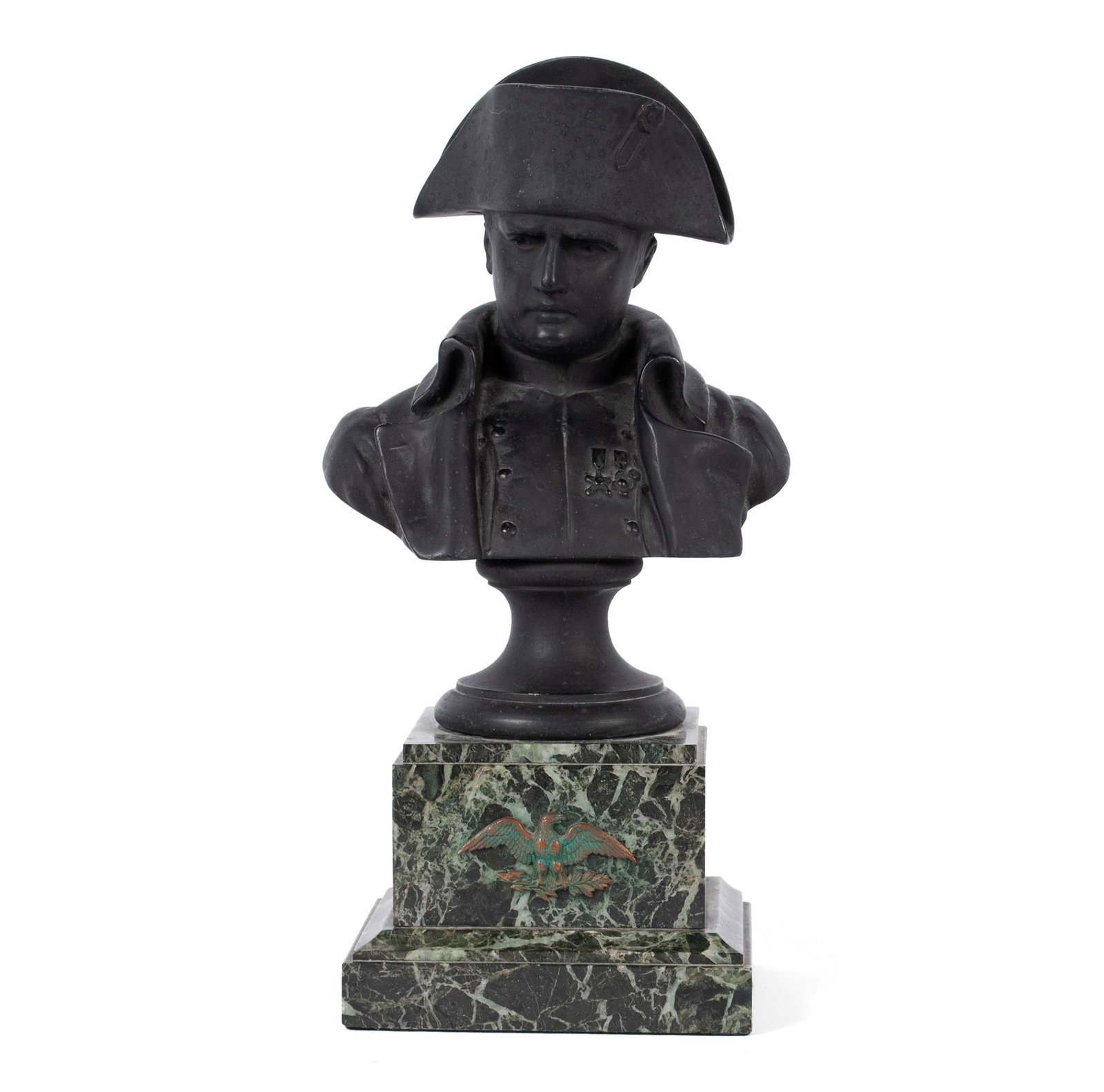 BUST OF NAPOLEN ON A GREEN MARBLE BASE: BUST OF NAPOLEN ON A GREEN MARBLE BASE Late 19th/20th century. Spelter bust of Napoleon with Federation Francaise foundry mark, on a variegated marble base with applied eagle. Full: 13 1/2 in. (34.3 c