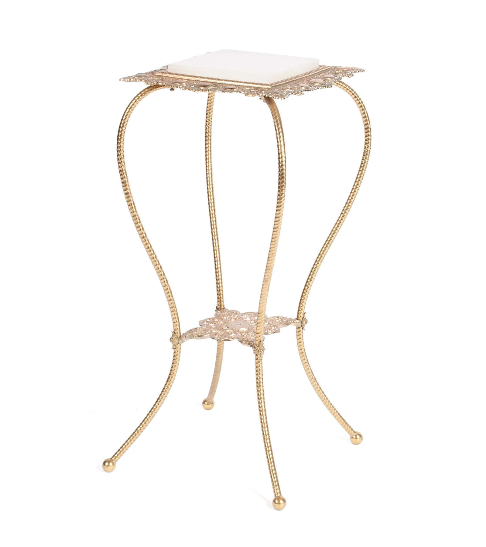 BRASS ONYX TOP PLANT STAND: BRASS ONYX TOP PLANT STAND American, circa 1900. Square inset white onyx top rests on the four-legged stand with pierced framed around the top as well as the medial stretcher below. 30 x 14 x 14 in. (