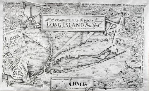 ERIC SLOANE (AMERICAN, 1905-1985): Eric SloaneAmerican, 1905-1985A Complete Map for Pilots Showing Long Island, New York and all nearby Pastures for Flying MachinesPrint on metalSigned and dated 1937. Detailed map in black on the, perh
