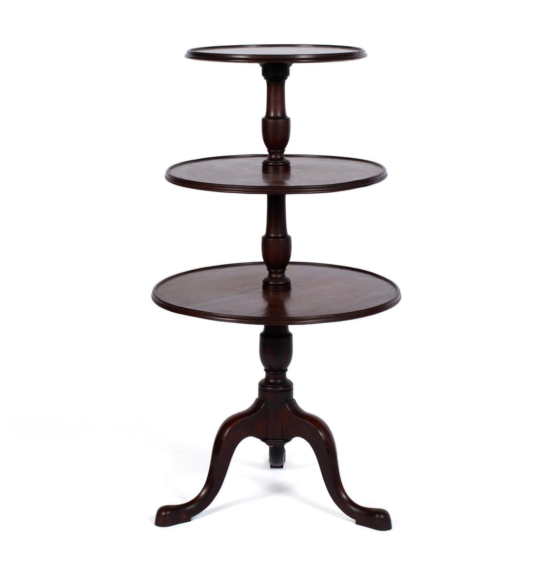 GEORGIAN STYLE MAHOGANY DUMBWAITER: GEORGIAN STYLE MAHOGANY DUMBWAITER 20th century. Three graduated dished surfaces with vasiform supports, the tripod base with pointed slipper feet. 43 x 24 x 24 in. (109.2 x 61 x 61 cm.)