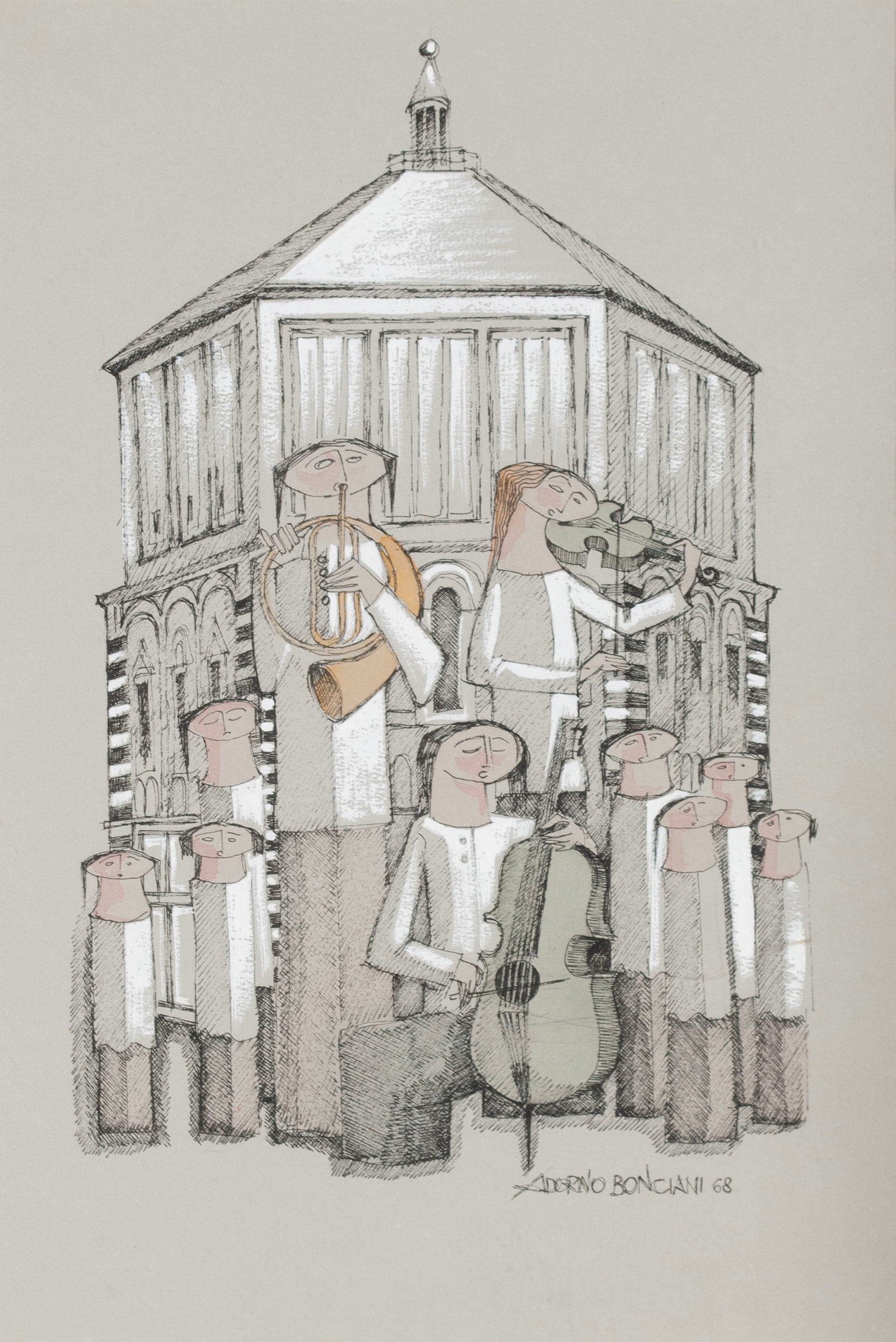 ADORNO BONCIANI (ITALIAN, B. 1920): Adorno Bonciani Italian, b. 1920 Ink and gouache on paper Signed and dated 68, lower right. Depicting singers and musicians in front of the Florence Baptistry. Sight: 18 1/2 x 12 1/2 in. (47 x 31.8 cm