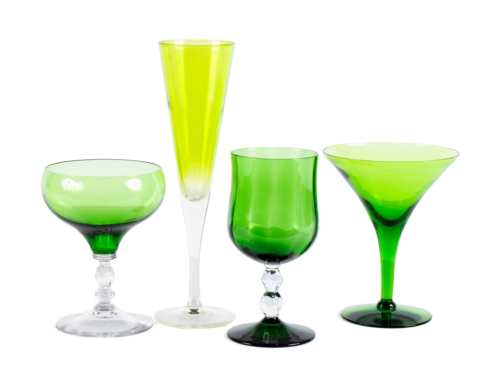 COLLECTION OF EMERALD GLASS STEMWARE (17): COLLECTION OF EMERALD GLASS STEMWARE (17) Including six (6) Cambridge glass 'Tally Ho' sherbets, three (3) Cambridge glass martini glasses, four (4) champagne flutes, and four (4) wine glasses. Larges