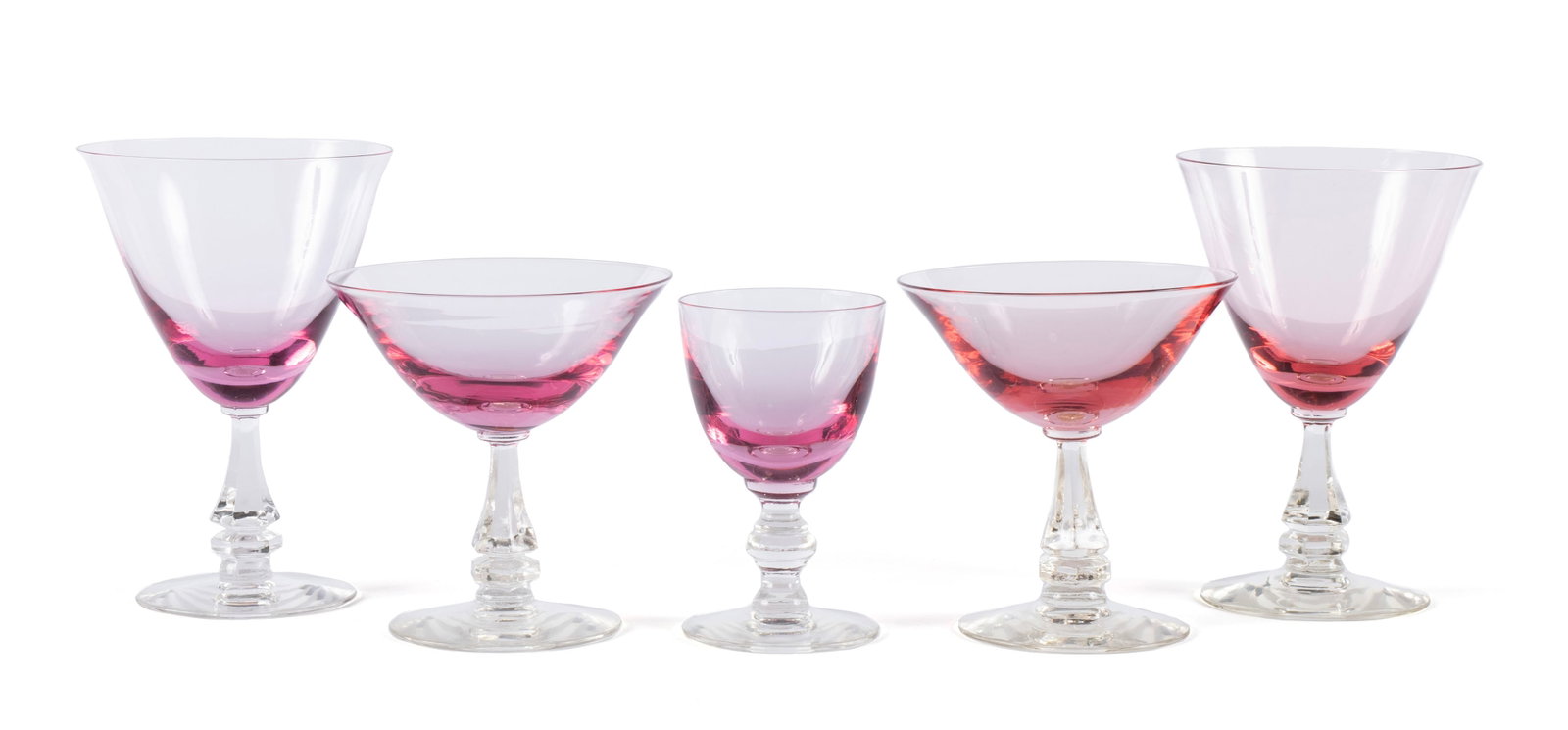 COLLECTION OF TIFFIN CRANBERRY GLASS STEMWARE (29): COLLECTION OF TIFFIN CRANBERRY GLASS STEMWARE (29) Twenty-nine (29) total. Including nine (9) champagnes, four (4) cordials, and sixteen (16) wine glasses. Largest: 6 in. (15.2 cm.)