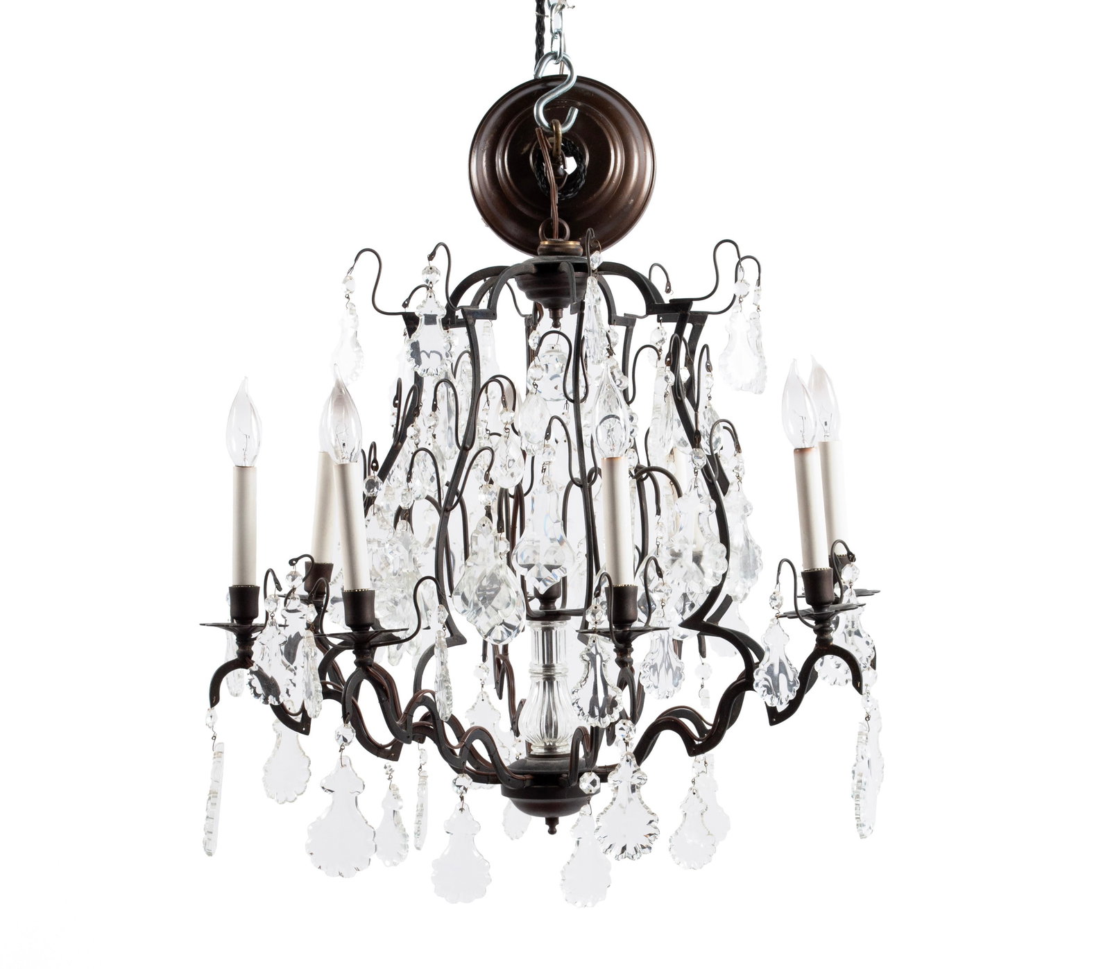 CRYSTAL AND IRON CHANDELIER: CRYSTAL AND IRON CHANDELIER 20th century. Metal frame with eight (8) arms, hung with crystal prisms throughout. 24 x 26 in. (61 x 66 cm.)
