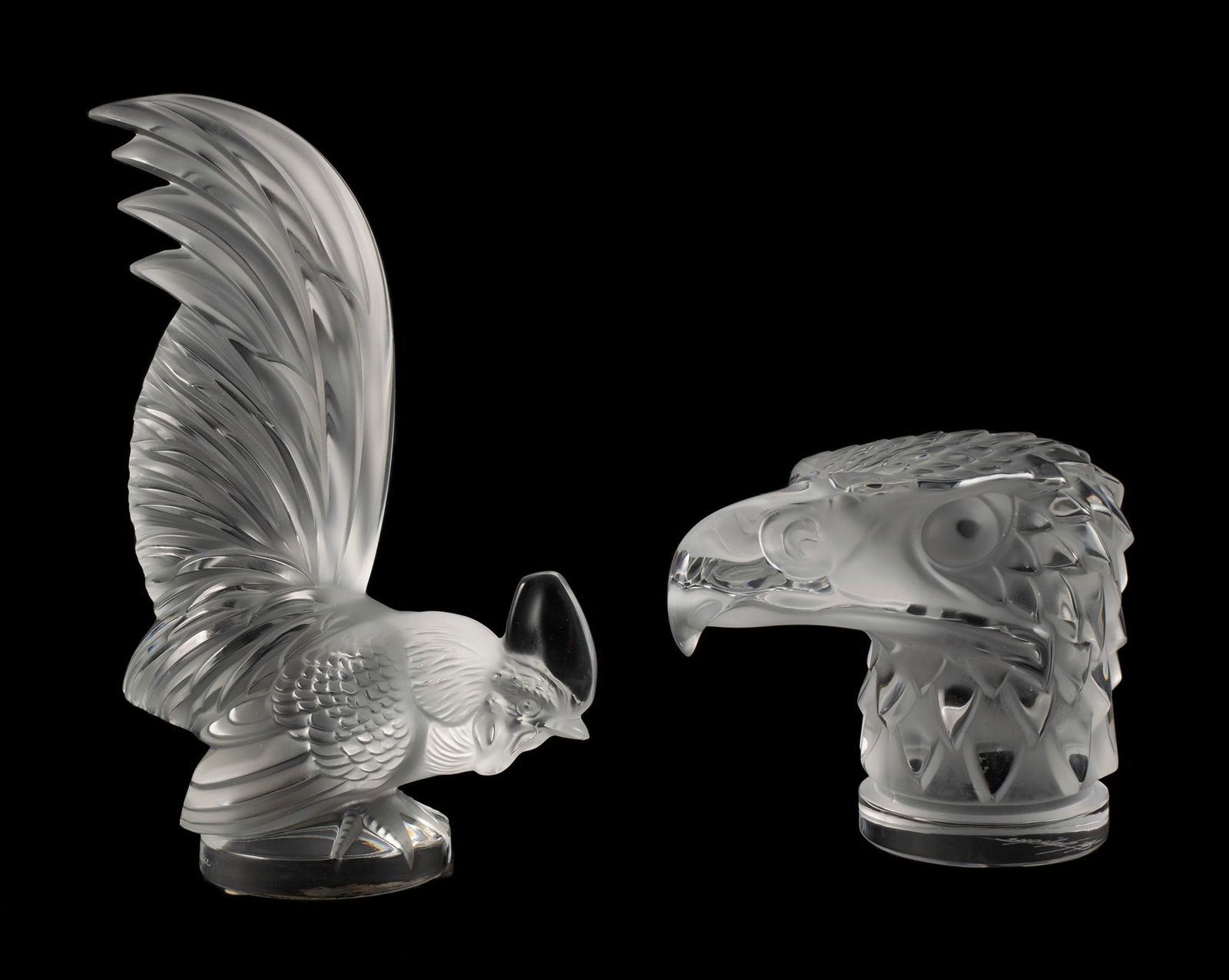TWO LALIQUE CRYSTAL HOOD ORNAMENTS (1 of 12)