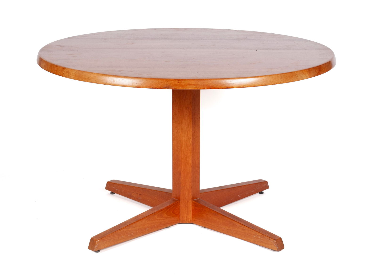 DANISH MODERN EXTENDABLE DINING TABLE: DANISH MODERN EXTENDABLE DINING TABLECirca 1960s. In the style of Niels Otto Moller, teak circular table with split pedestal base, includes two leaves.28 1/2 x 45 3/4 in. (72.4 x 116.2 cm.) plus Two (