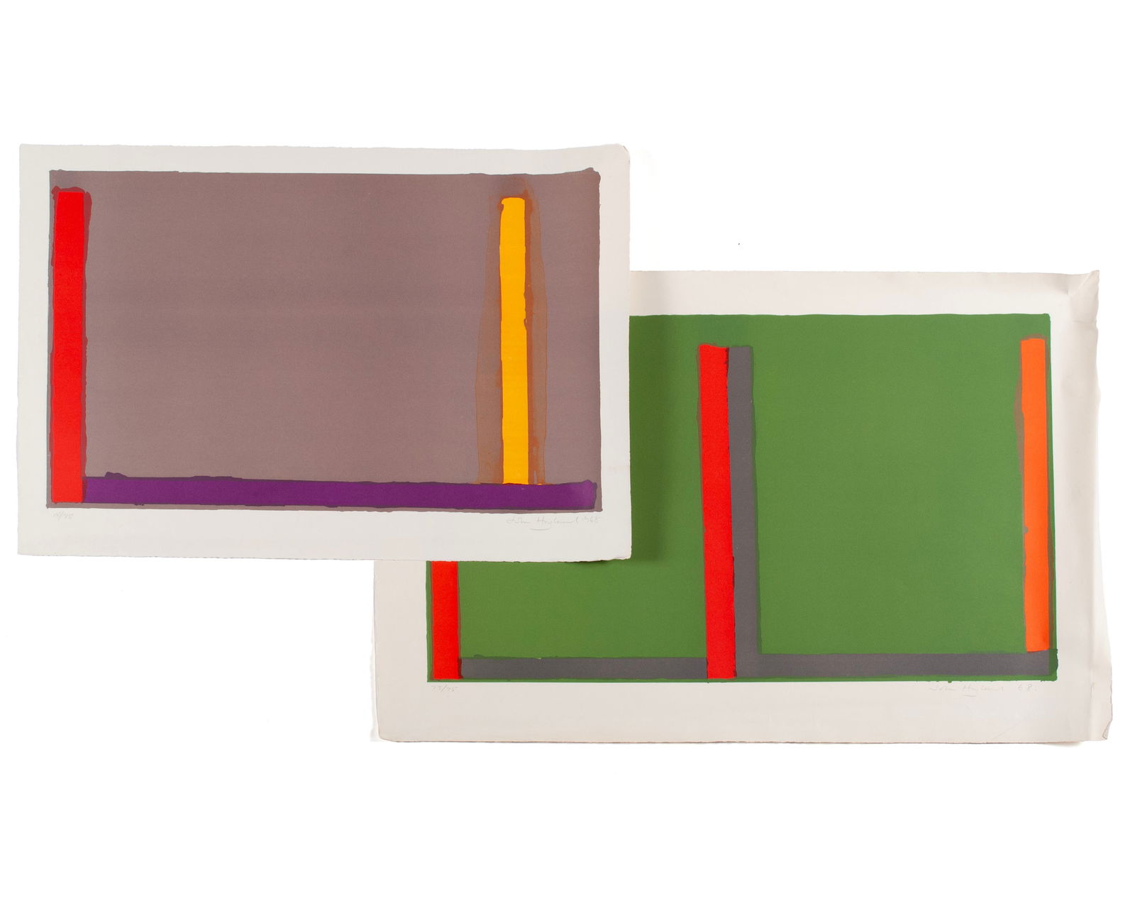 JOHN HOYLAND (BRITISH, 1934-2011): John HoylandBritish, 1934-2011Large Green Swiss and Small Grey SwissColor lithographsEach signed and dated 68 lower right and numbered lower left, 75/75 and 15/75. Also signed and titl