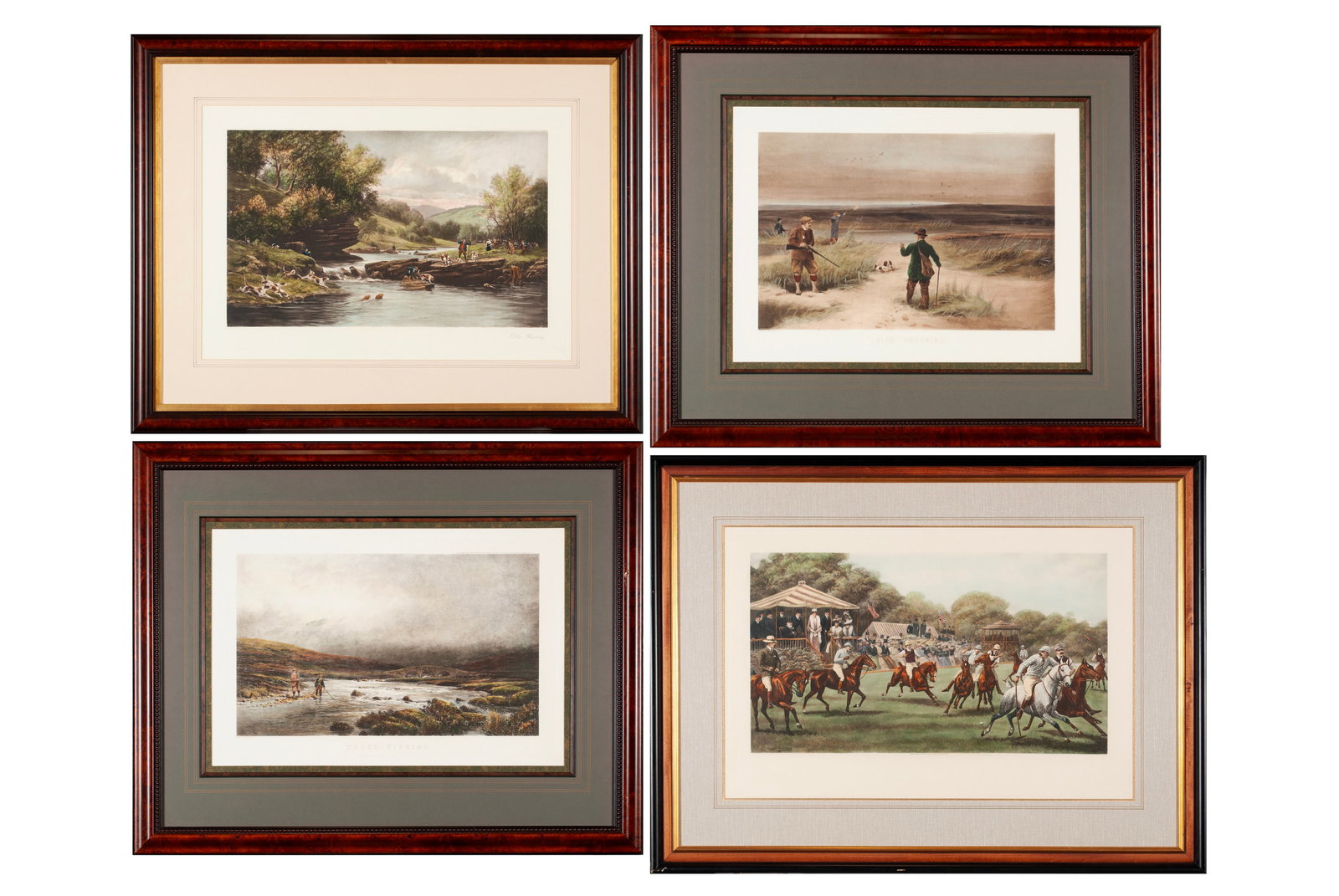 FOUR ENGLISH SPORTING ENGRAVINGS: FOUR ENGLISH SPORTING ENGRAVINGSLate 19th/20th century. Including a polo scene after Cuthbert Bradley (English, 1861-1941) and three scenes after Douglas Adams (English, 1853-1920): 'Otter Hunting', '