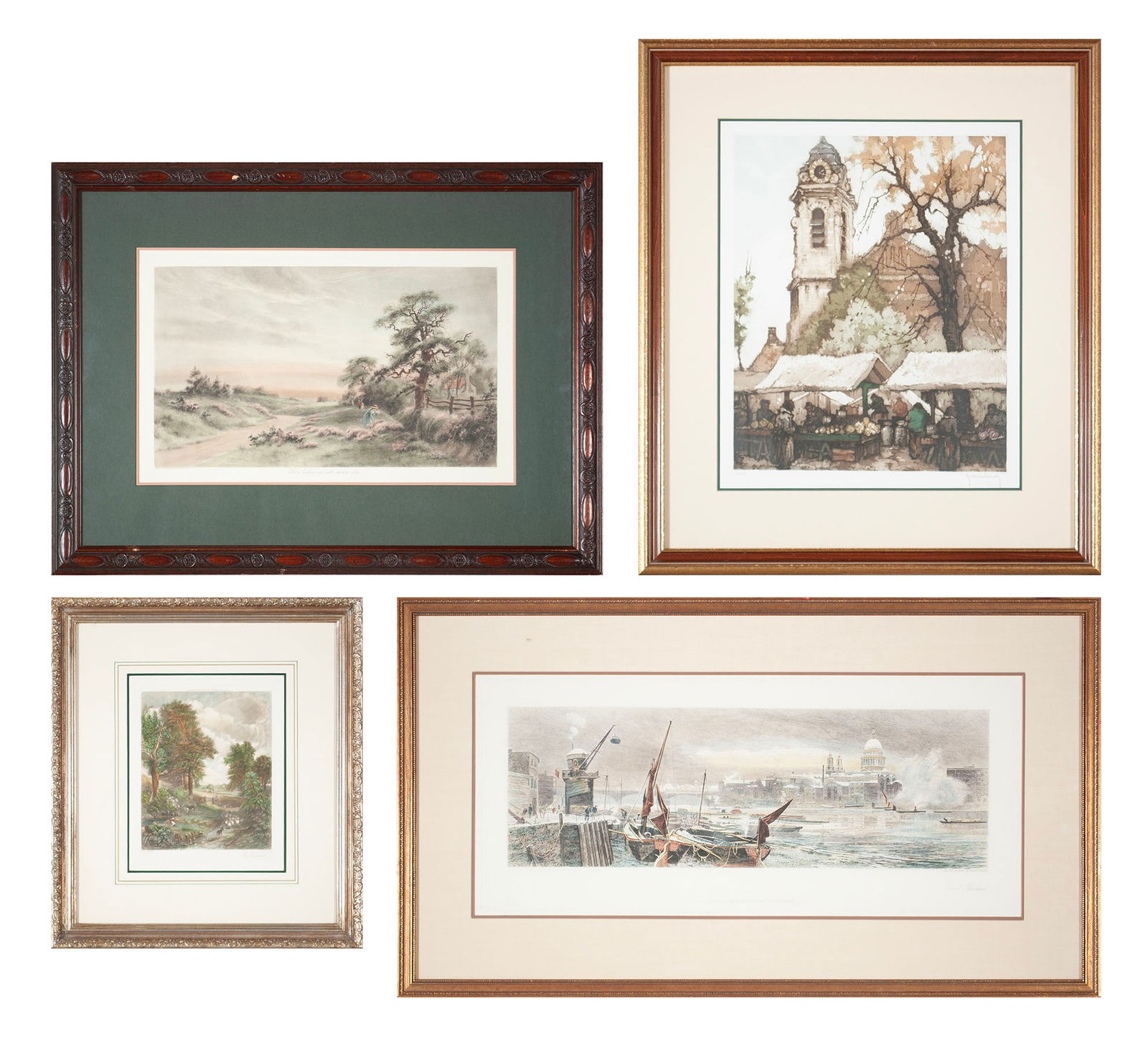 FOUR PRINTS OF EUROPEAN LANDSCAPES AND CITIES: FOUR PRINTS OF EUROPEAN LANDSCAPES AND CITIES20th century. Including 'The Cornfield' published by Raphael Tuck & Sons after John Constable, 'Where heather vies with crimson sky' by Henry Walker (Engli