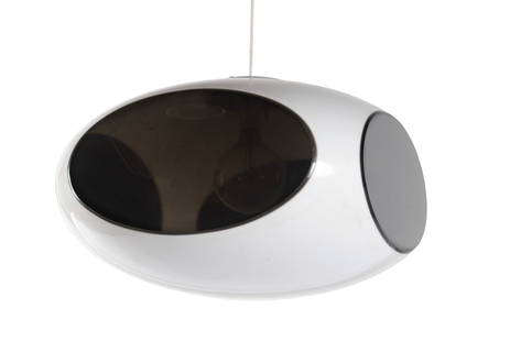 LUIGI COLANI SPACE AGE UFO PENDANT LAMP: LUIGI COLANI SPACE AGE UFO PENDANT LAMPBelgian, 20th century. Square elliptical form in white, with four tinted lenses.13 x 20 x 20 in. (33 x 50.8 x 50.8 cm.)