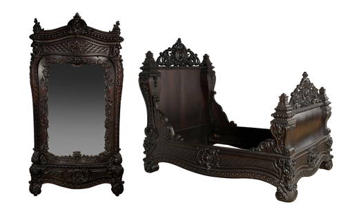 TWO PIECE ROSEWOOD BEDROOM SUITE ATTRIBUTED TO ALEXANDER ROUX: TWO PIECE ROSEWOOD BEDROOM SUITE ATTRIBUTED TO ALEXANDER ROUXAmerican, 19th century, matching wardrobe and bedstead heavily carved throughout and of bombe form. The wardrobe with full mirrored door an