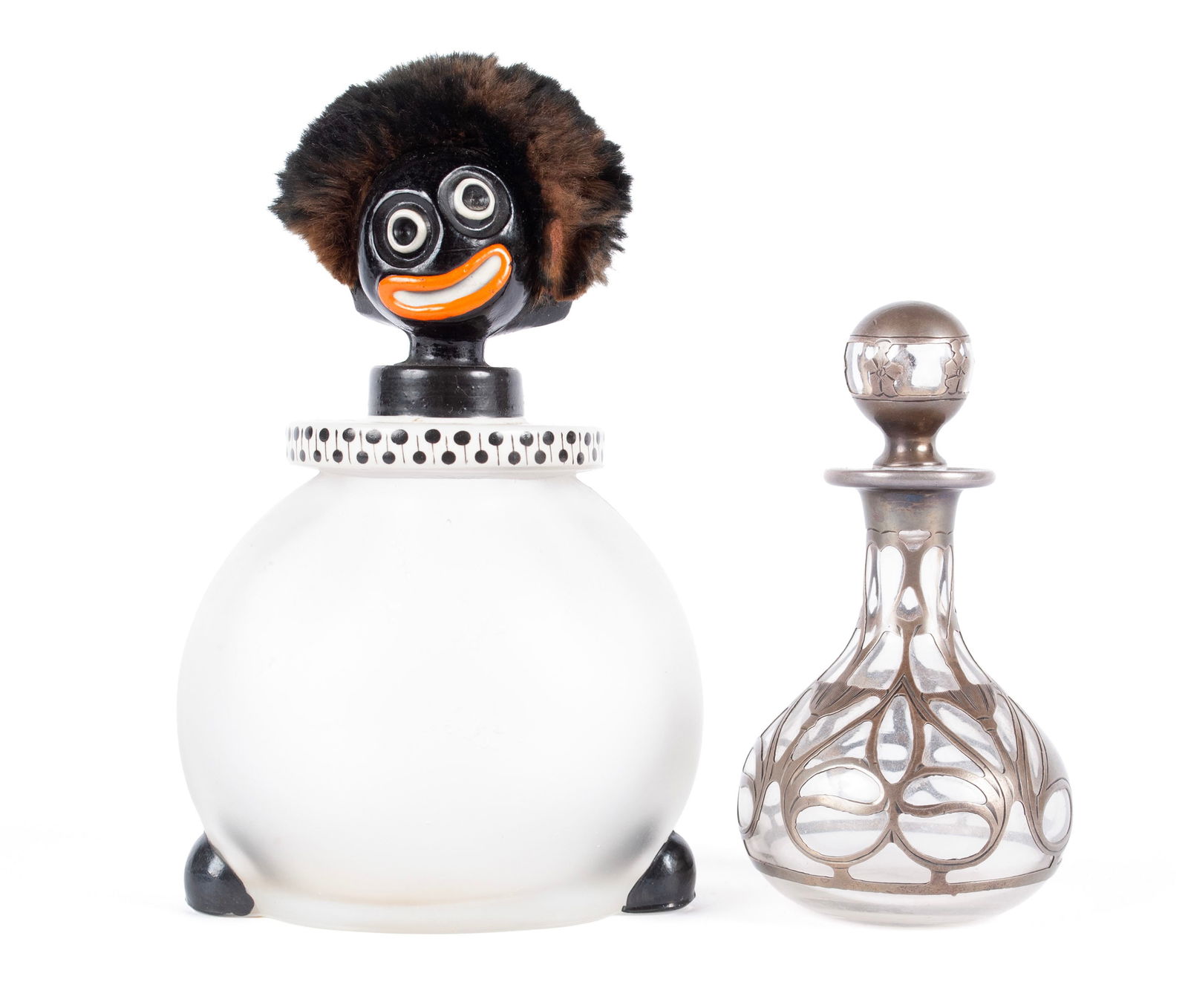 FRENCH 'GOLLIWOGG' PERFUME BOTTLE & SILVER OVERLAY PERFUME BOTTLE (1 of 9)