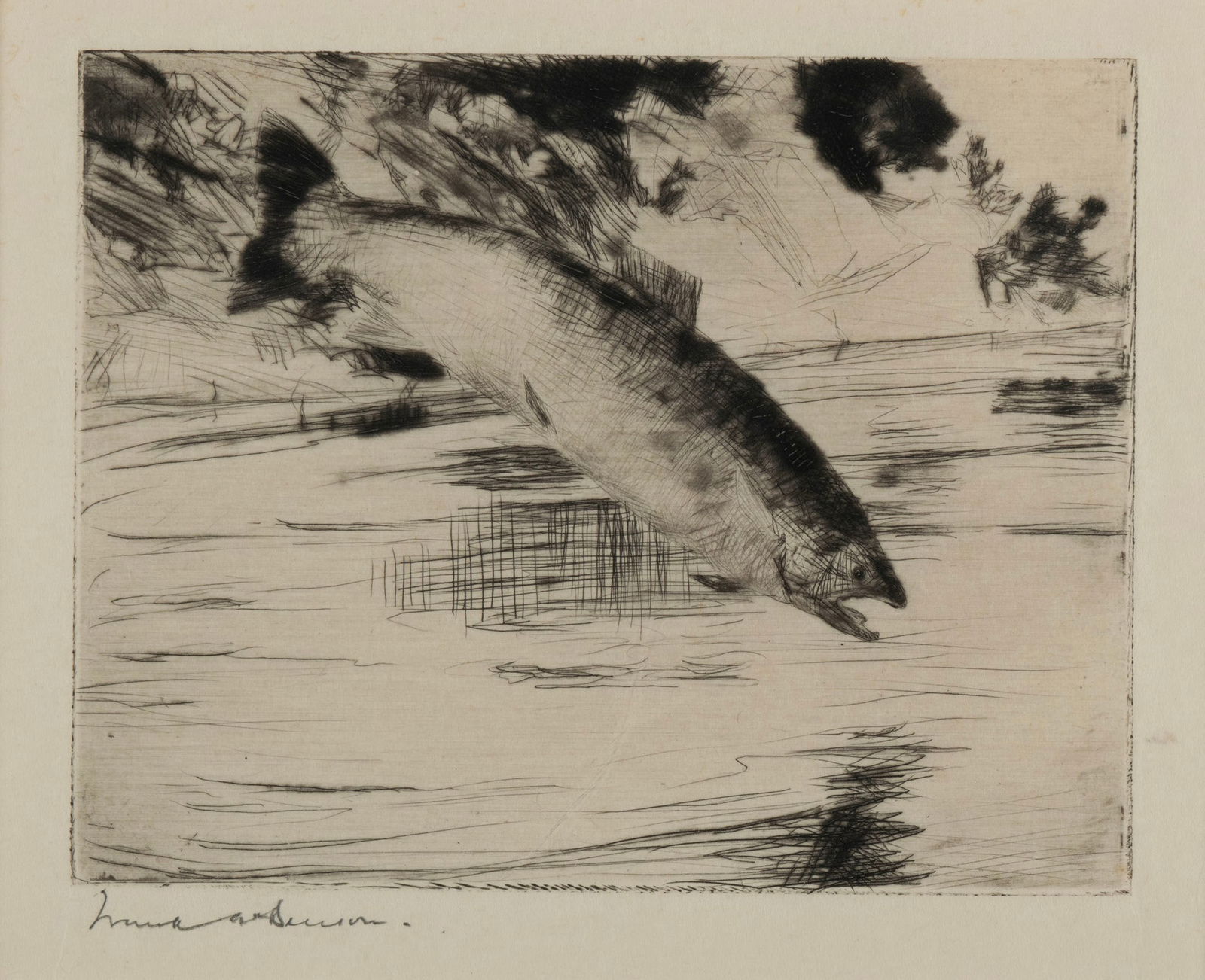 FRANK W. BENSON (AMERICAN, 1862-1951): Frank W. BensonAmerican, 1862-1951SalmonDrypointSigned, gallery label verso marked as an edition of 63. Image of a jumping salmon in natural surroundings, matted and framed.Purchased R. S. Johnson In