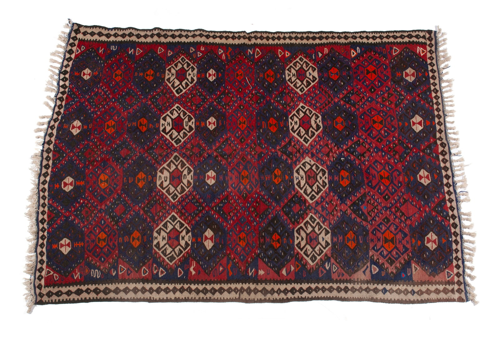 KILIM AREA RUG: KILIM AREA RUG Persian, 20th century. Red, brown and ivory medallions, brown on ivory outer border. 5 ft. 10 in. x 4 ft. 5 in.