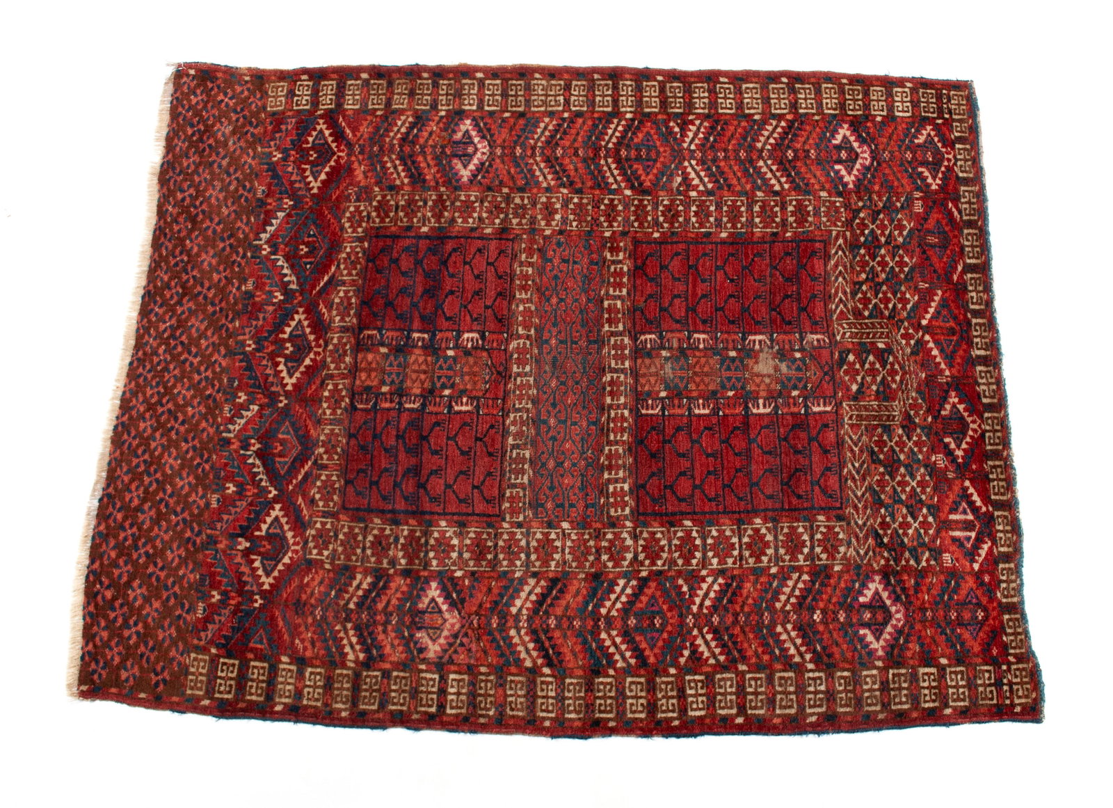 ASARI AREA RUG: ASARI AREA RUG Persian, early 20th century. Twin rectangular panels center the carpet with geometric ivory colored bordering and matching wide primary border, foliate panel to one end. 5 ft. x 3 ft. 1
