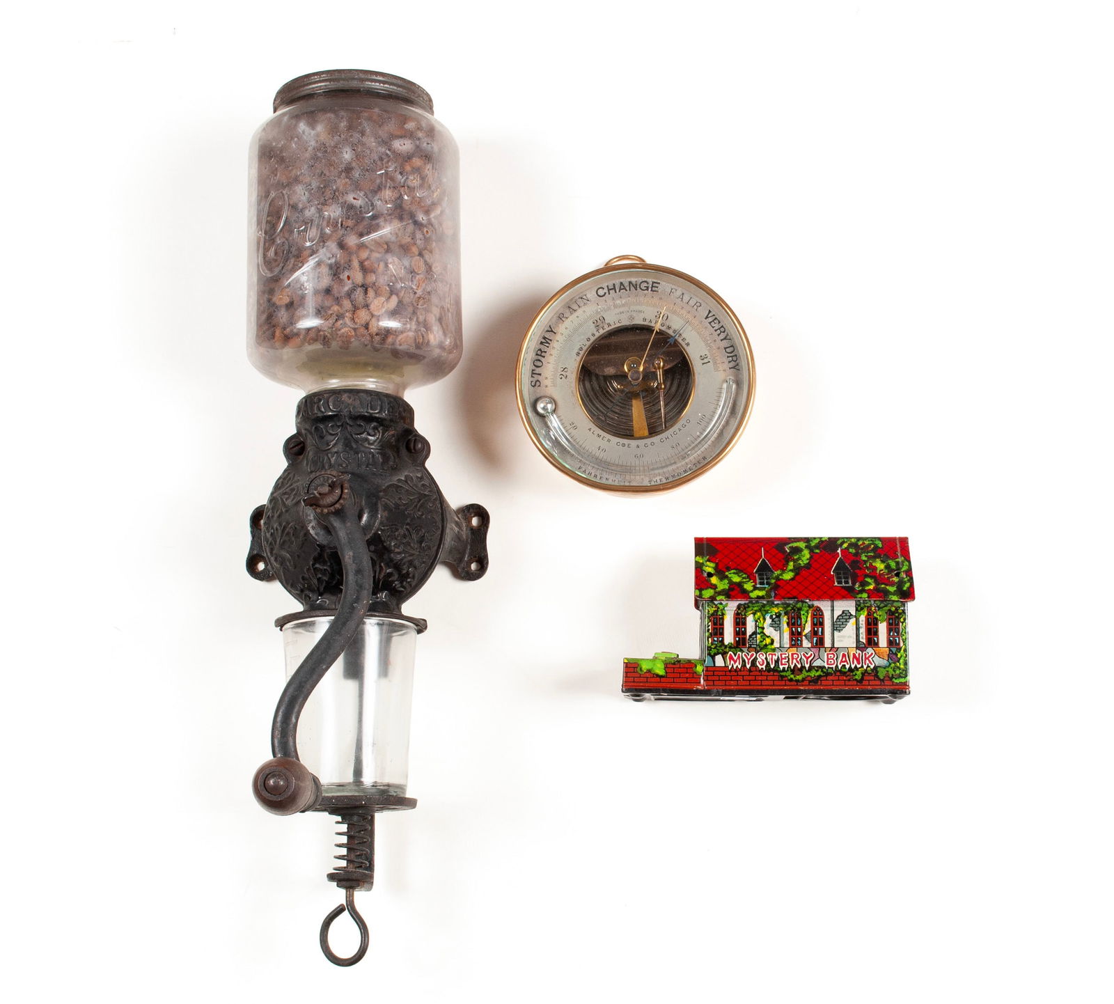 COFFEE GRINDER, TABLETOP BAROMETER & TIN NOVELTY BANK (1 of 8)