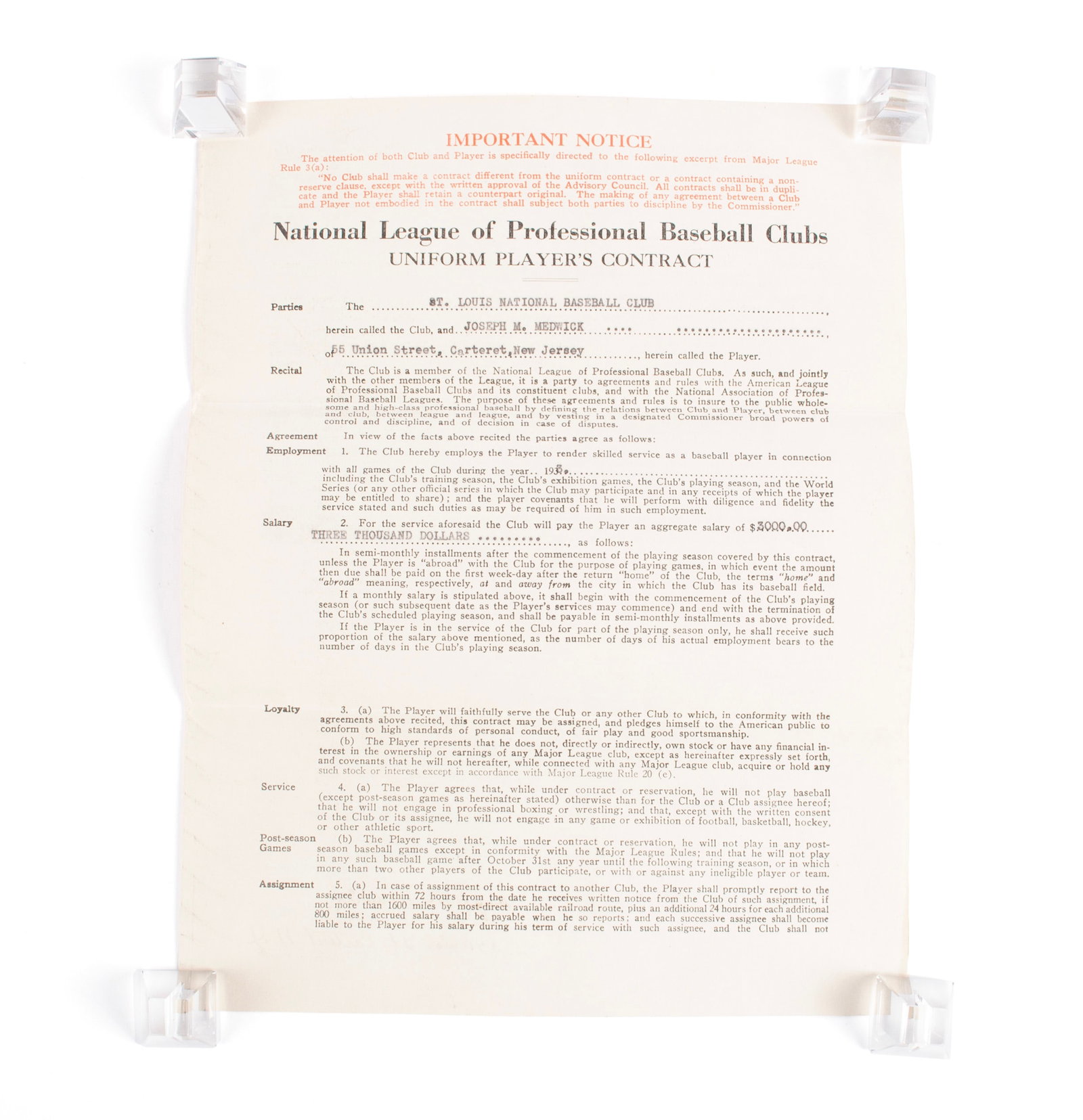 JOE MEDWICK'S FIRST FULL YEAR  NATIONAL LEAGUE OF PROFESSIONAL BASEBALL CLUBS UNIFORM PLAYER'S (1 of 6)