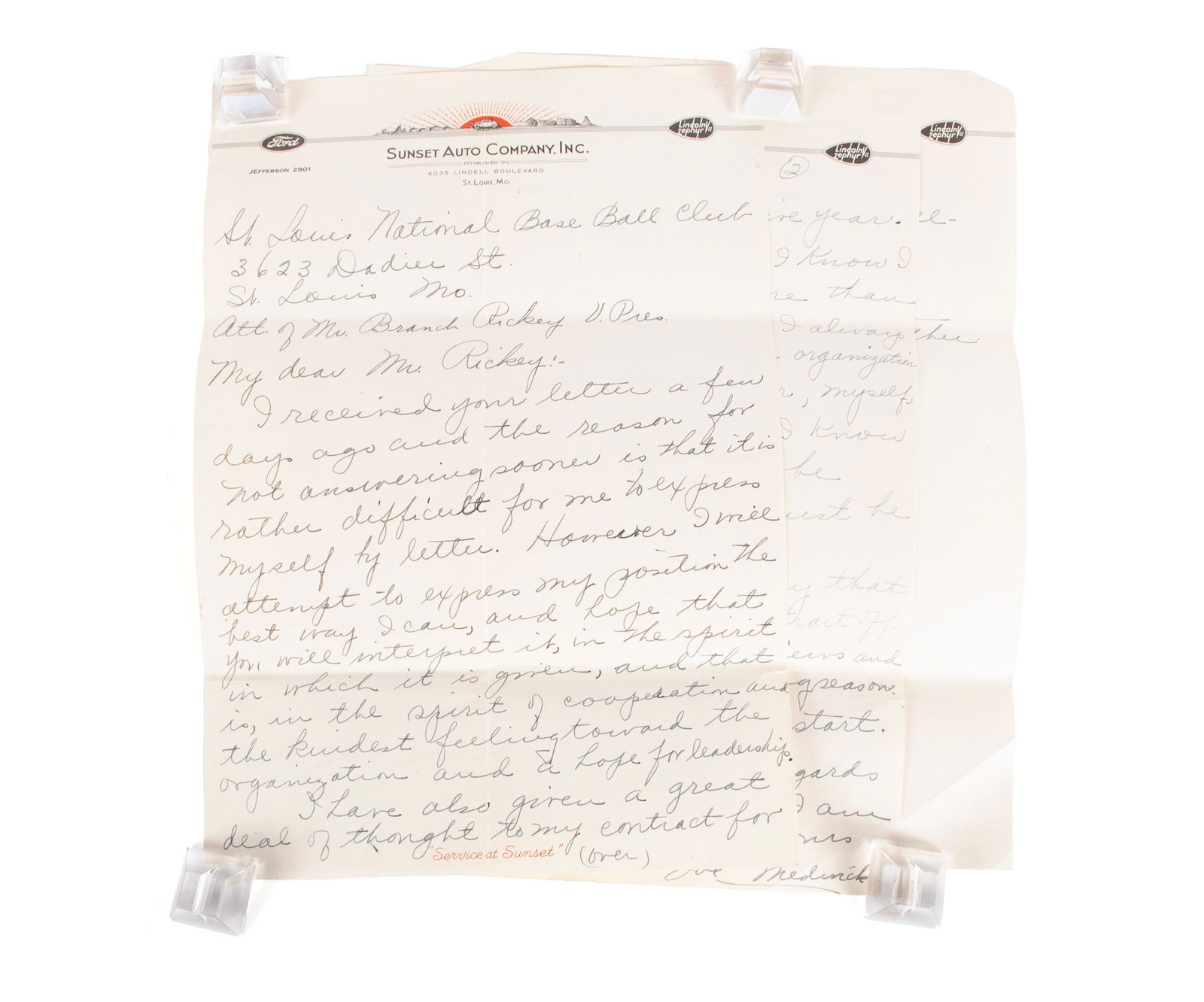 HANDWRITTEN LETTER PENNED TO BRANCH RICKEY AND SIGNED BY JOE MEDWICK (1 of 6)