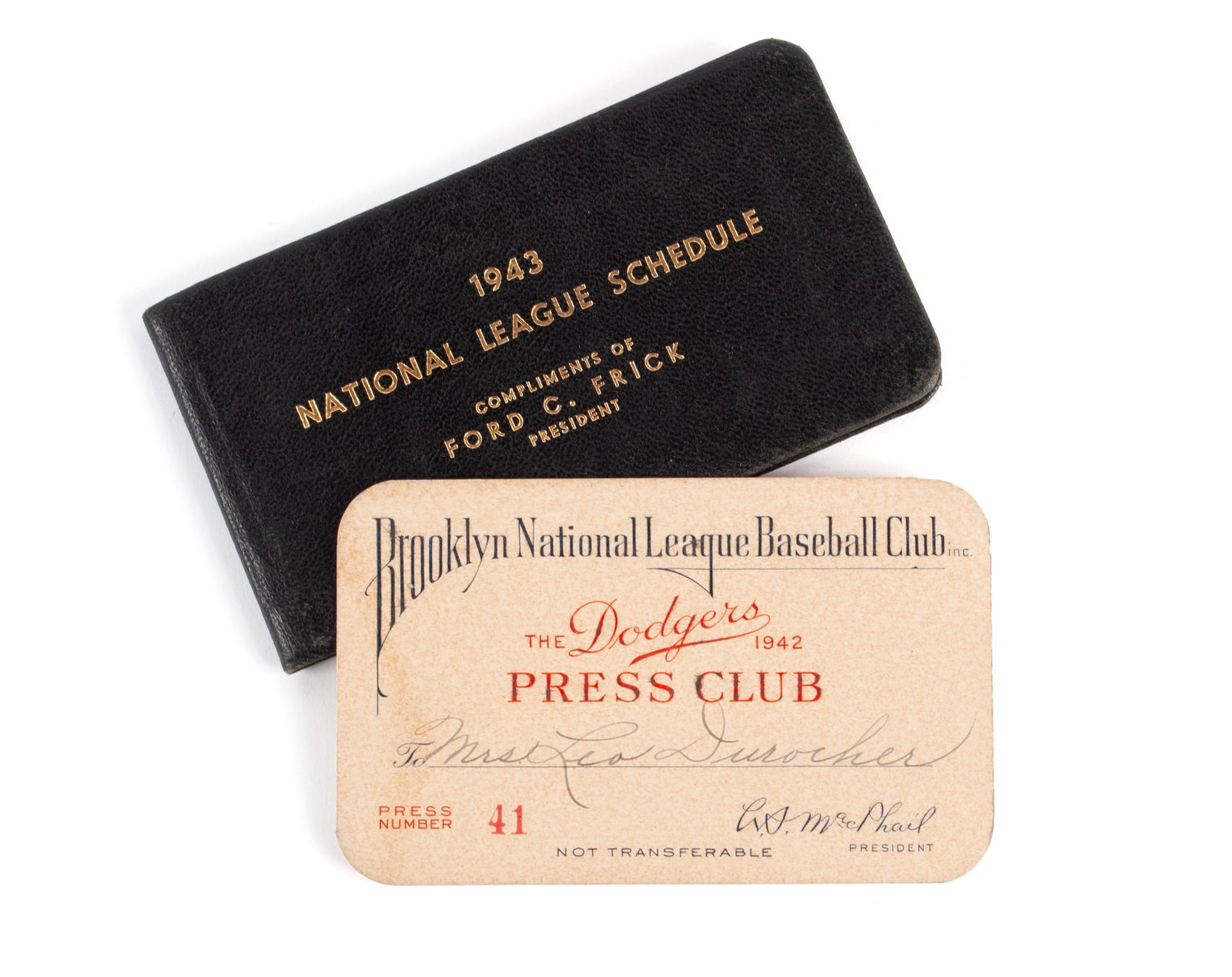 BROOKLYN DODGERS 1942 PRESS CLUB PASS FOR MRS. LEO DUROCHER AND 1943 NATIONAL LEAGUE SCHEDULE (1 of 5)