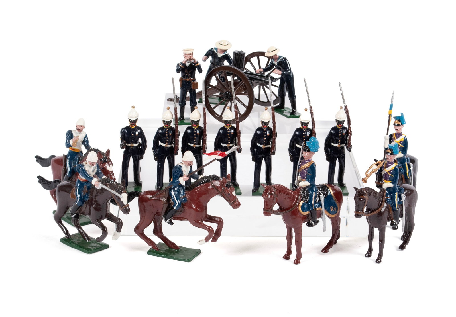 COLLECTION OF ASSORTED LEAD TOY SOLDIERS: COLLECTION OF ASSORTED LEAD TOY SOLDIERS English, sixteen (16) pieces. Two (2) Blenheim boxed sets including 17th Lancers, and London Yeomanry Rough Riders; both sets with officer, bugler and flagged 