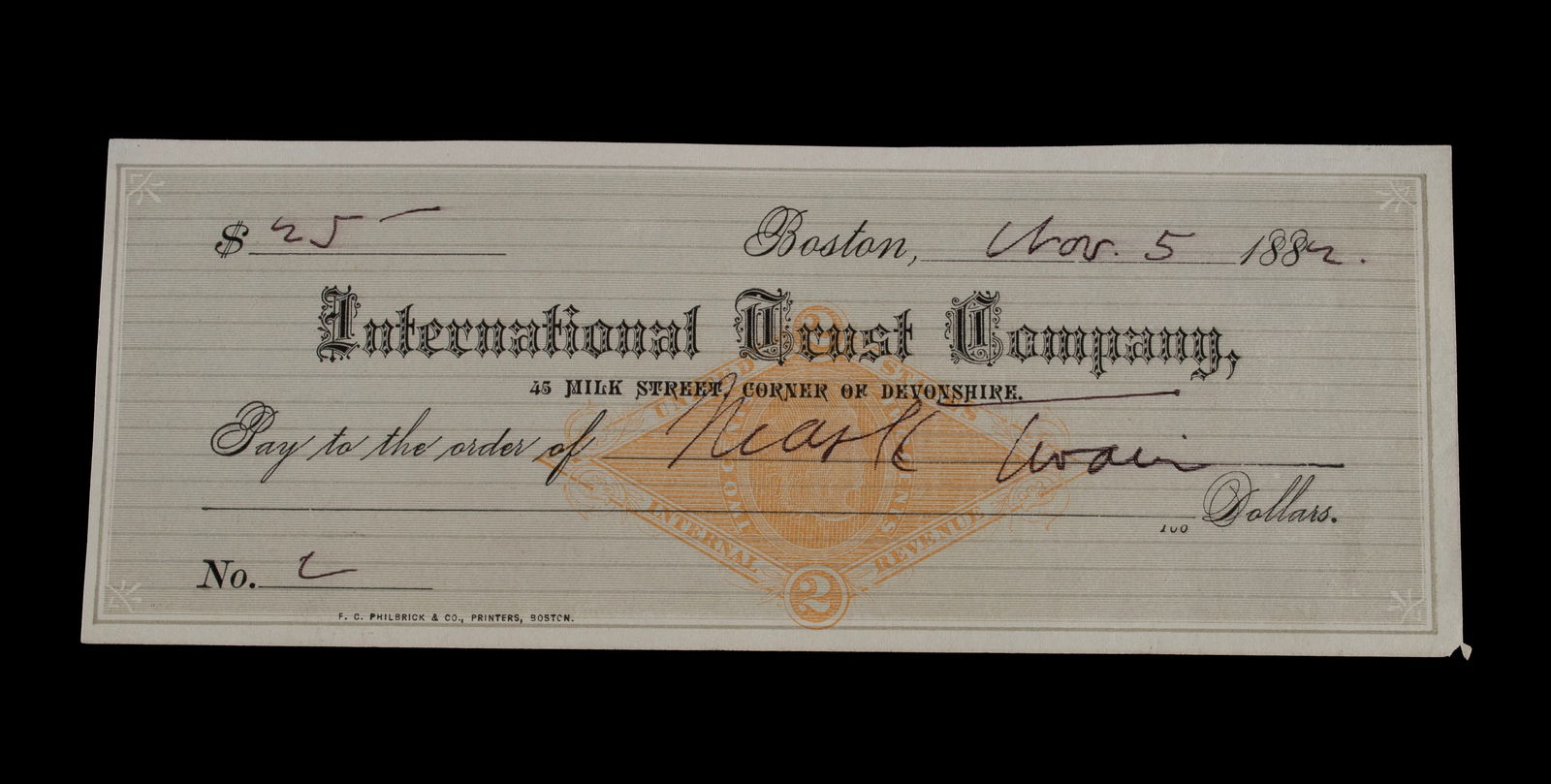 SAMUEL CLEMENS (MARK TWAIN) (AMERICAN NOVELIST, 1835-1910) AUTOGRAPHED CHECK (1 of 6)