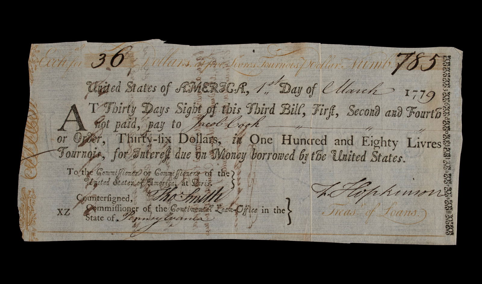 FOUNDING FATHER FRANCIS HOPKINSON SIGNED CONTINENTAL LOAN OFFICE BILL OF EXCHANGE (1 of 9)