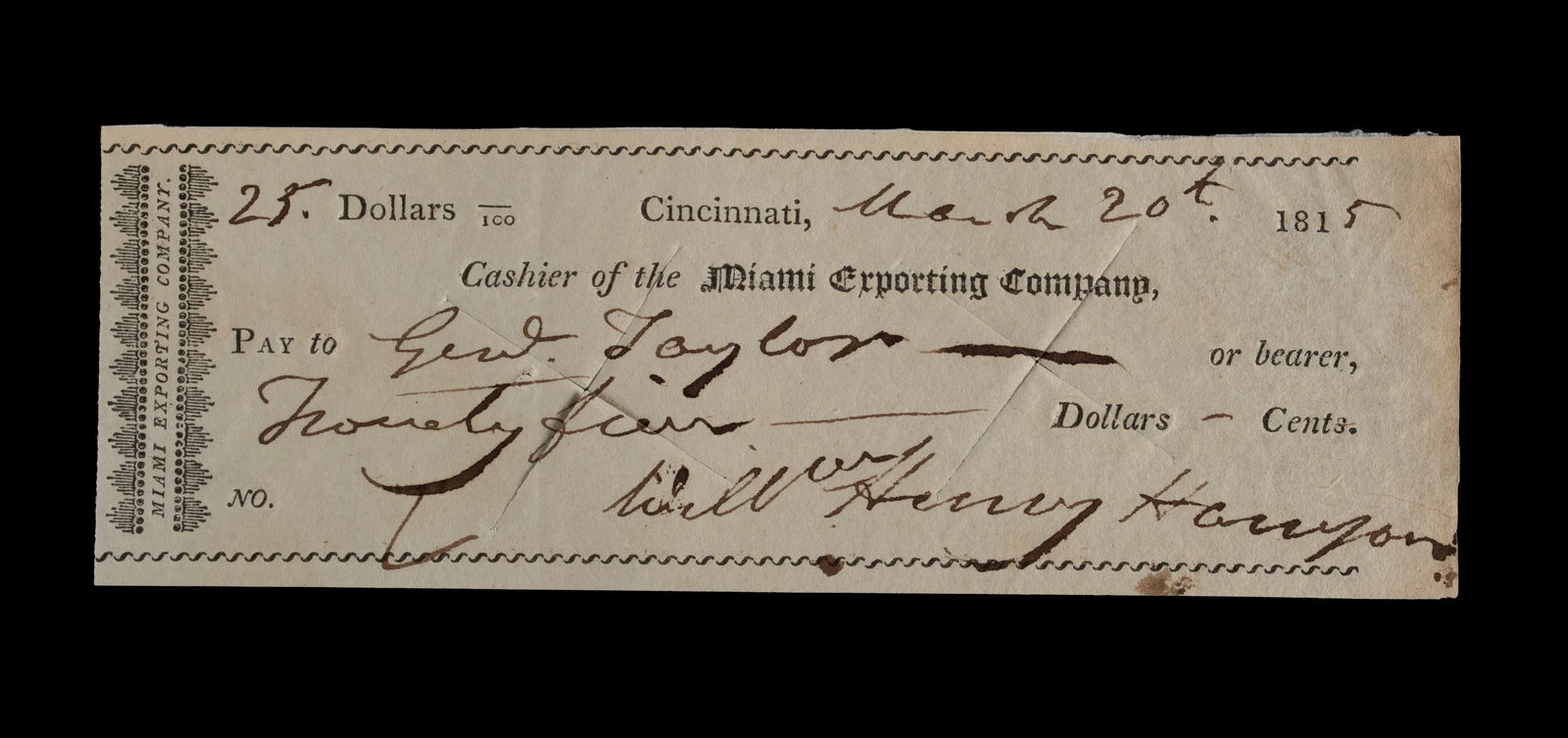 WILLIAM HENRY HARRISON, 9TH PRESIDENT OF THE UNITED STATES (1841) SIGNED CHECK (1 of 7)