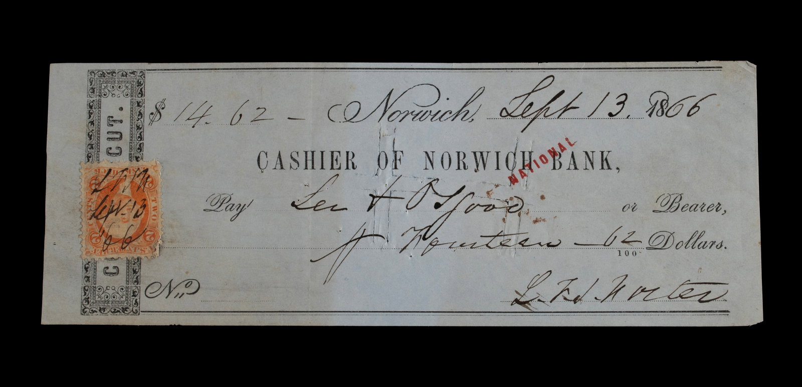LAFAYETTE SABINE FOSTER, ACTING VICE PRESIDENT OF THE UNITED STATES (1865-1867) SIGNED CHECK: LAFAYETTE SABINE FOSTER, ACTING VICE PRESIDENT OF THE UNITED STATES (1865-1867) SIGNED CHECK Signed as acting Vice President, drawn on Cashier of Norwich Bank of Connecticut for the sum of fourteen do