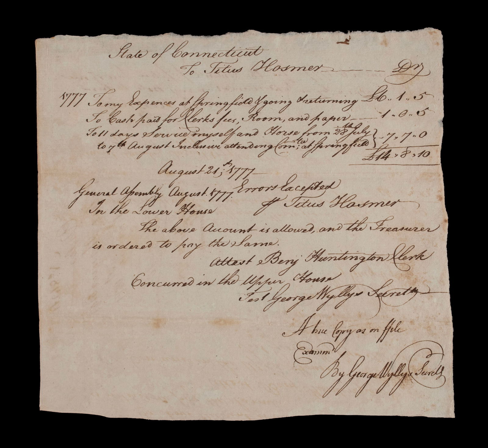 TITUS HOSMER SIGNED 1777 STATE OF CONNECTICUT PAY ORDER (1 of 11)