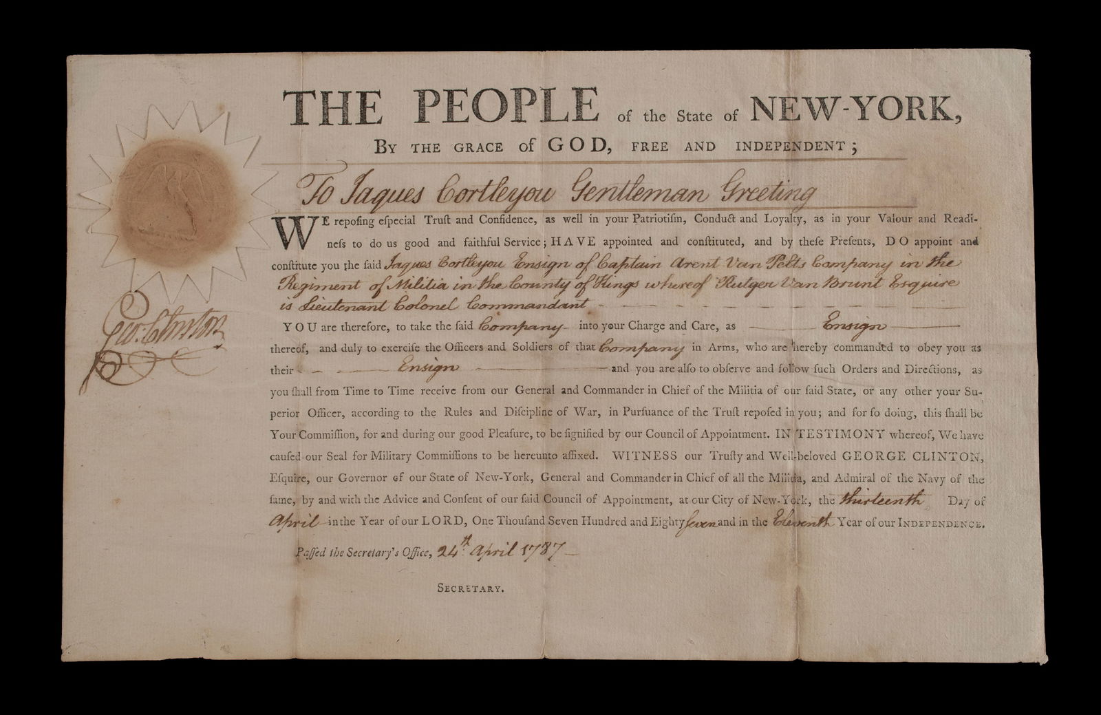 GEORGE CLINTON, GOVERNOR OF NEW YORK, SIGNED DOCUMENT (1 of 8)