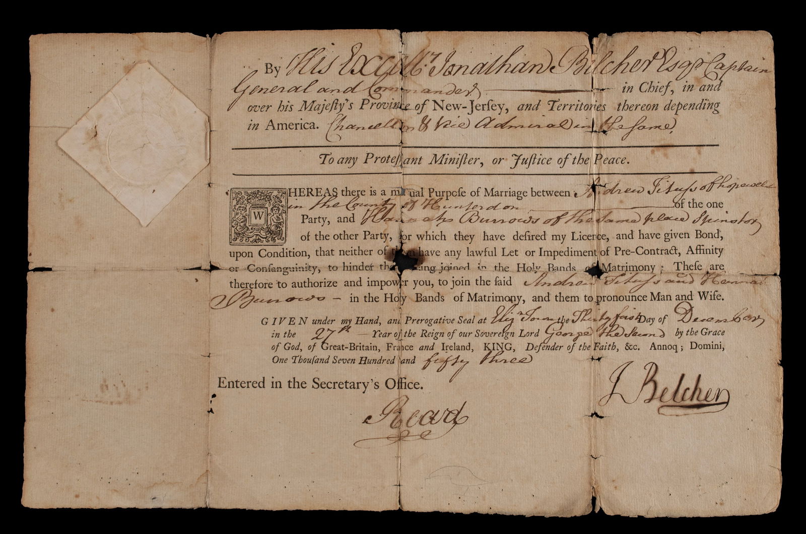 JONATHAN BELCHER, COLONIAL GOVERNOR OF NEW JERSEY, SIGNED DOCUMENT (1 of 8)
