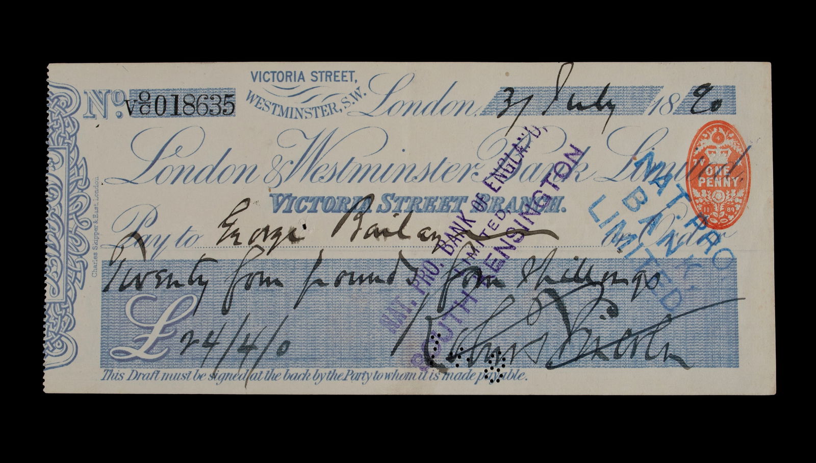 ROBERT TODD LINCOLN (AMERICAN, 1889-1893) SIGNED CHECK (1 of 11)