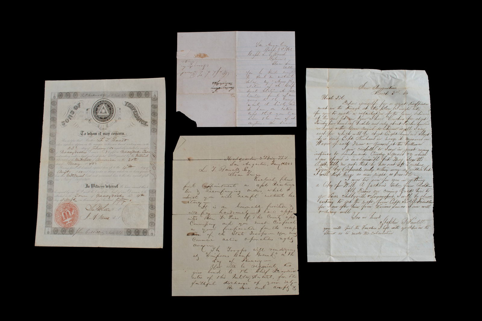 FOUR LETTERS REGARDING CAPTAIN LYNE TALIAFERRO BARRET (1 of 18)