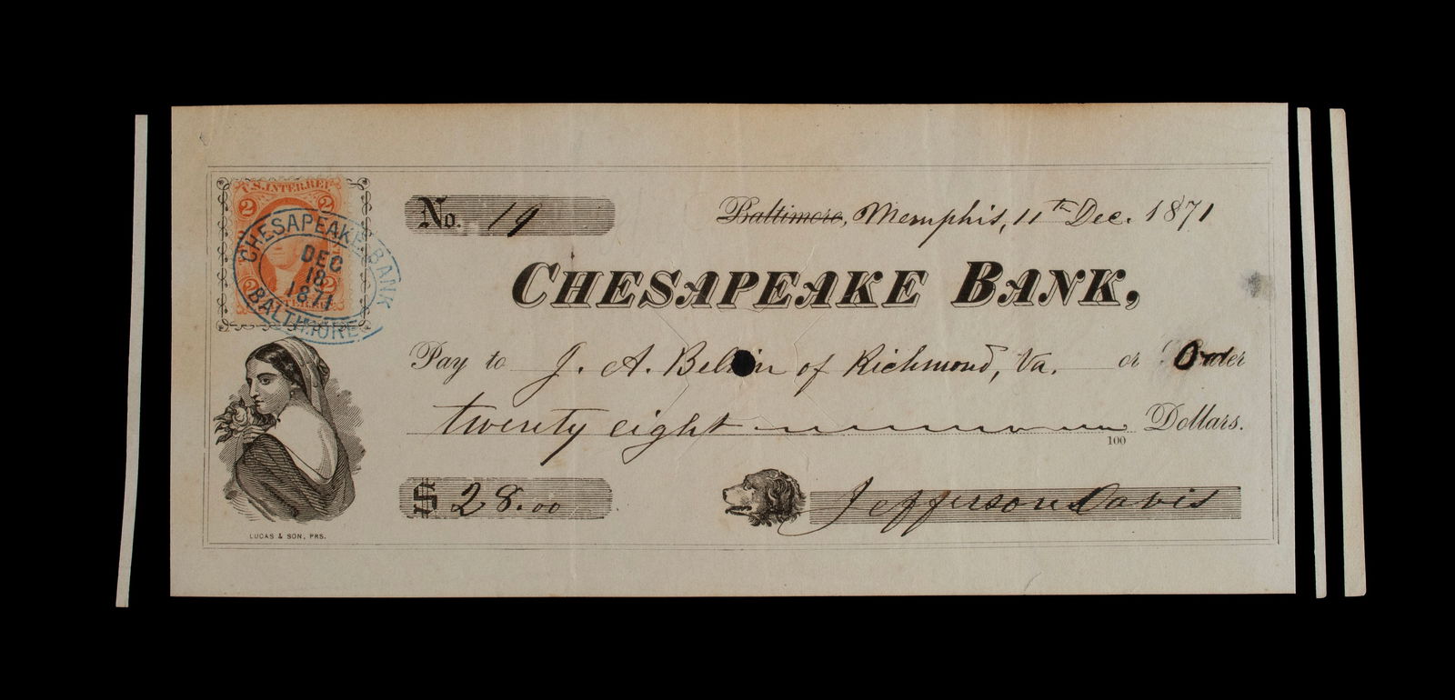 JEFFERSON DAVIS (AMERICAN, 1808-1889) SIGNED CHECK (1 of 9)