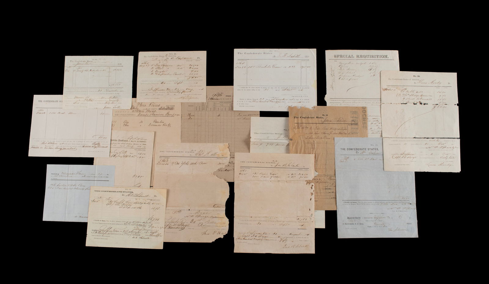 SIXTEEN PARTIALLY PRINTED CONFEDERATE STATES OF AMERICA RECEIPTS (1 of 20)