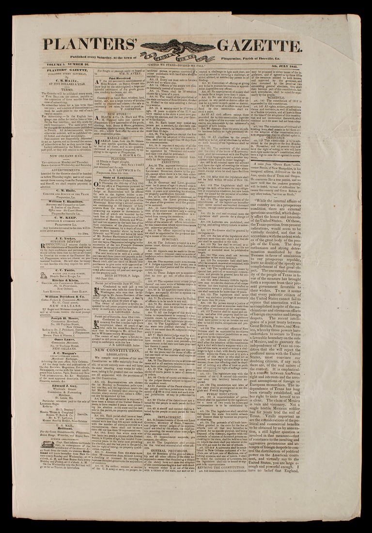 RARE EDITION OF PLANTERS' GAZETTE: RARE EDITION OF PLANTERS' GAZETTE Volume 5, Number 26, July 5th, 1845. Containing an updated printing of the state Constitution and an account of Andrew Jackson's 'last moments' and includes multiple 