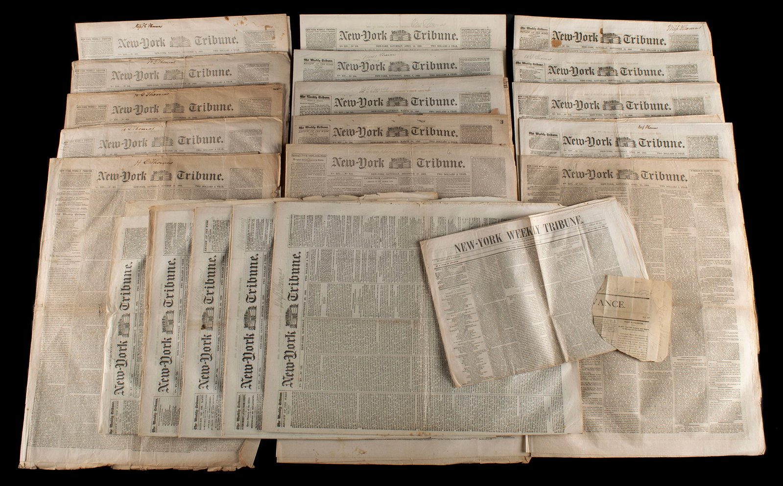 COLLECTION OF NEW YORK TRIBUNES, 1850S EDITIONS: COLLECTION OF NEW YORK TRIBUNES, 1850S EDITIONS Twenty-one (21) total including one October 1849 edition, and twenty (20) editions from October 15, 1853 to November 17, 1855. 23 x 18 in. (58.4 x 45.7 