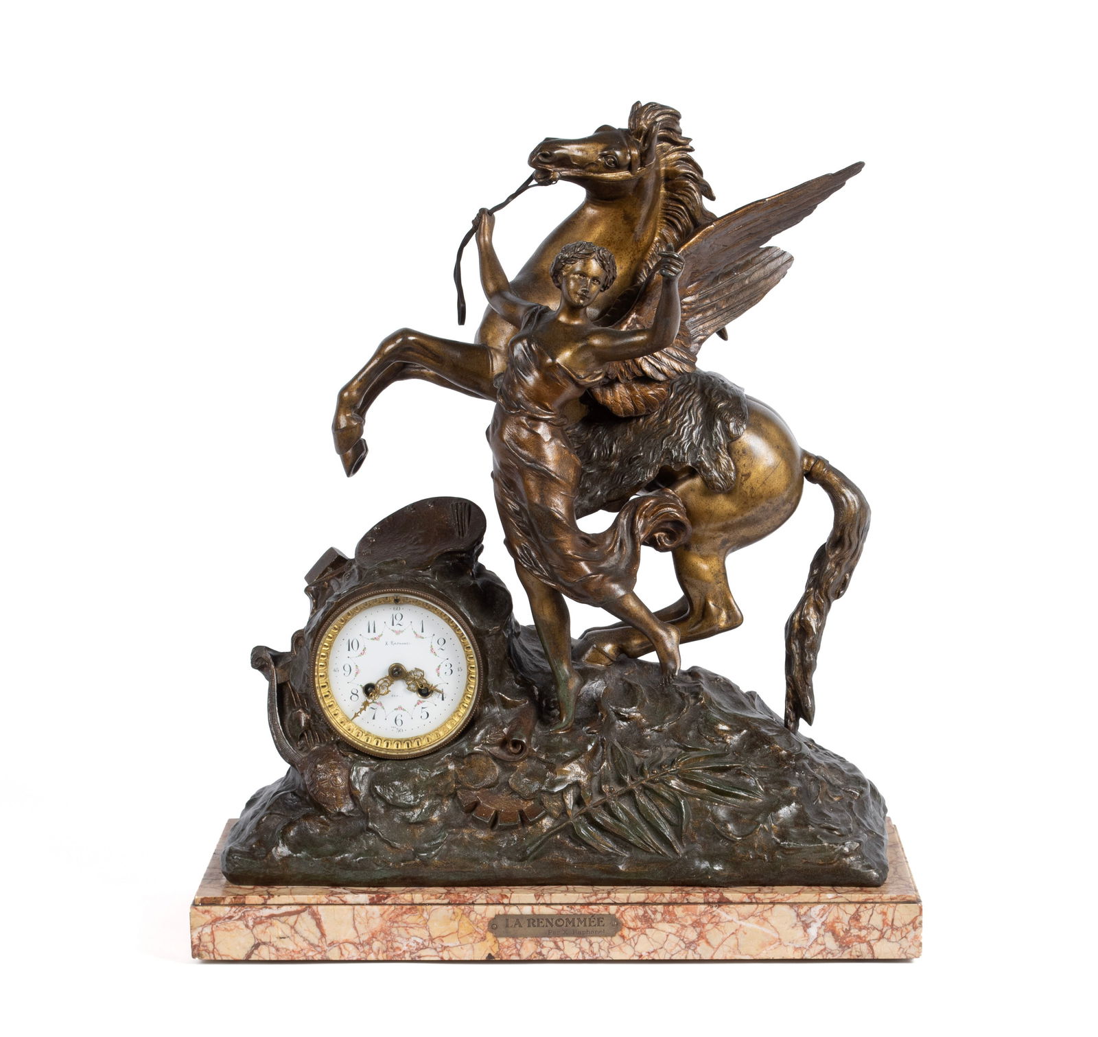 LA RENOMMEE FIGURAL MANTEL CLOCK: LA RENOMMEE FIGURAL MANTEL CLOCKXavier Raphanel, French, early 20th century, spelter on marble base. An angelic winged figure of a beauty beside a horse on naturalistic ground, a porcelain faced clock