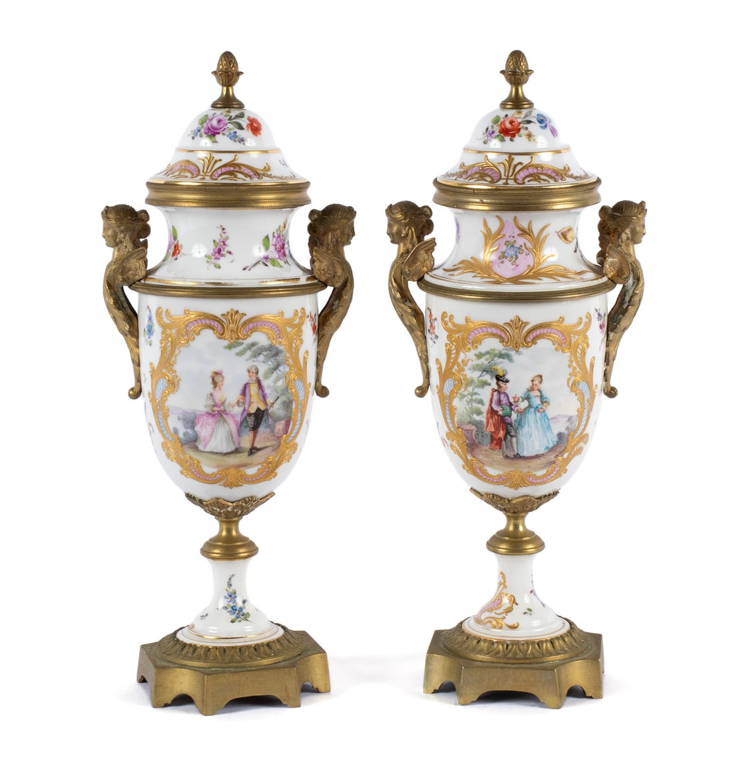 PAIR OF ORMOLU MOUNTED PORCELAIN URNS (1 of 16)