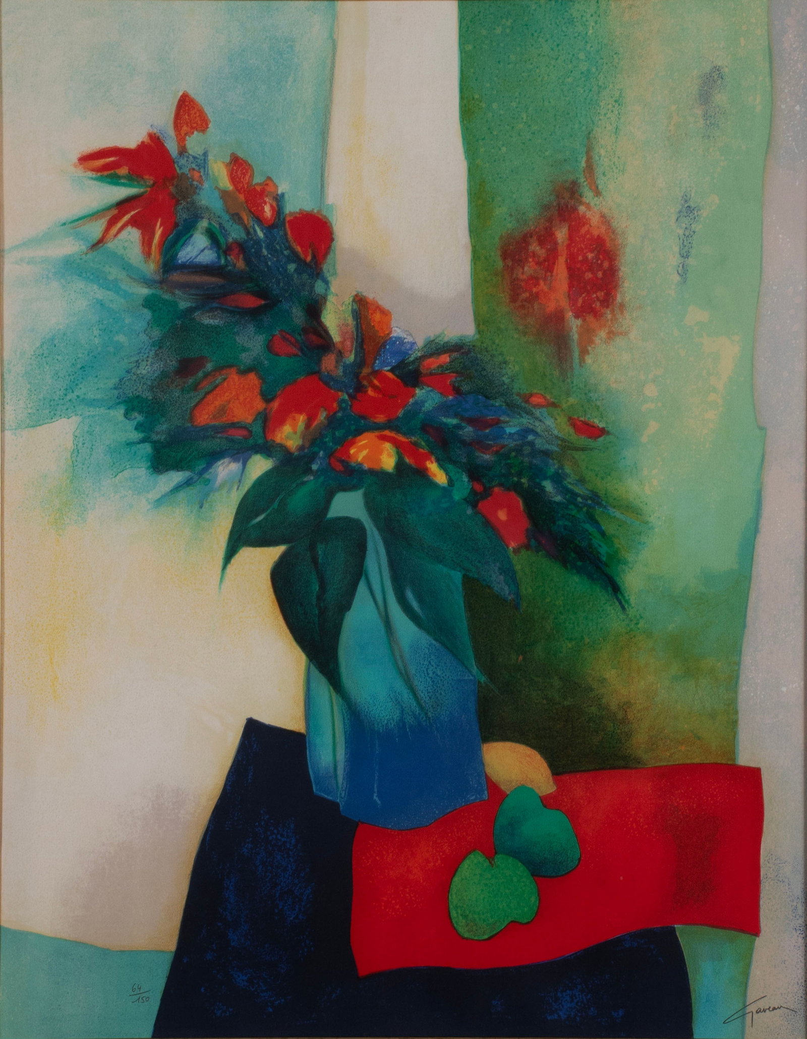 CLAUDE GAVEAU (FRENCH, 1940-2021): Claude GaveauFrench, 1940-2021Crazy BouquetColor lithographLimited edition, signed lower right and numbered 64/150 lower left. Colorful still life showing a flower filled vase on a table, matted and f