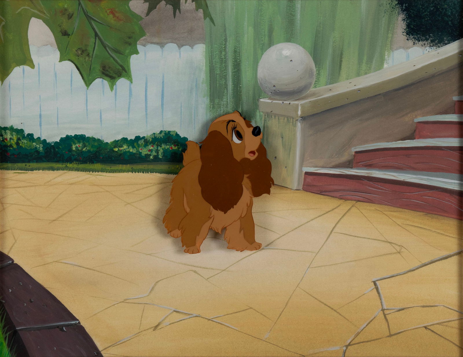 DISNEY 'LADY AND THE TRAMP' PRODUCTION CEL: DISNEY 'LADY AND THE TRAMP' PRODUCTION CEL1955. Depicting Lady at the bottom of a staircase, with COA, matted and framed.Sight: 8 1/4 x 10 7/8 in. (21 x 27.6 cm.), Frame: 16 1/2 x 19 in. (41.9 x 48.3