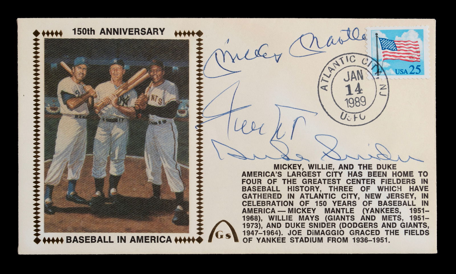 1989 MICKEY MANTLE, WILLIE MAYS AND DUKE SNIDER MULTI SIGNED FIRST DAY COVER (1 of 5)