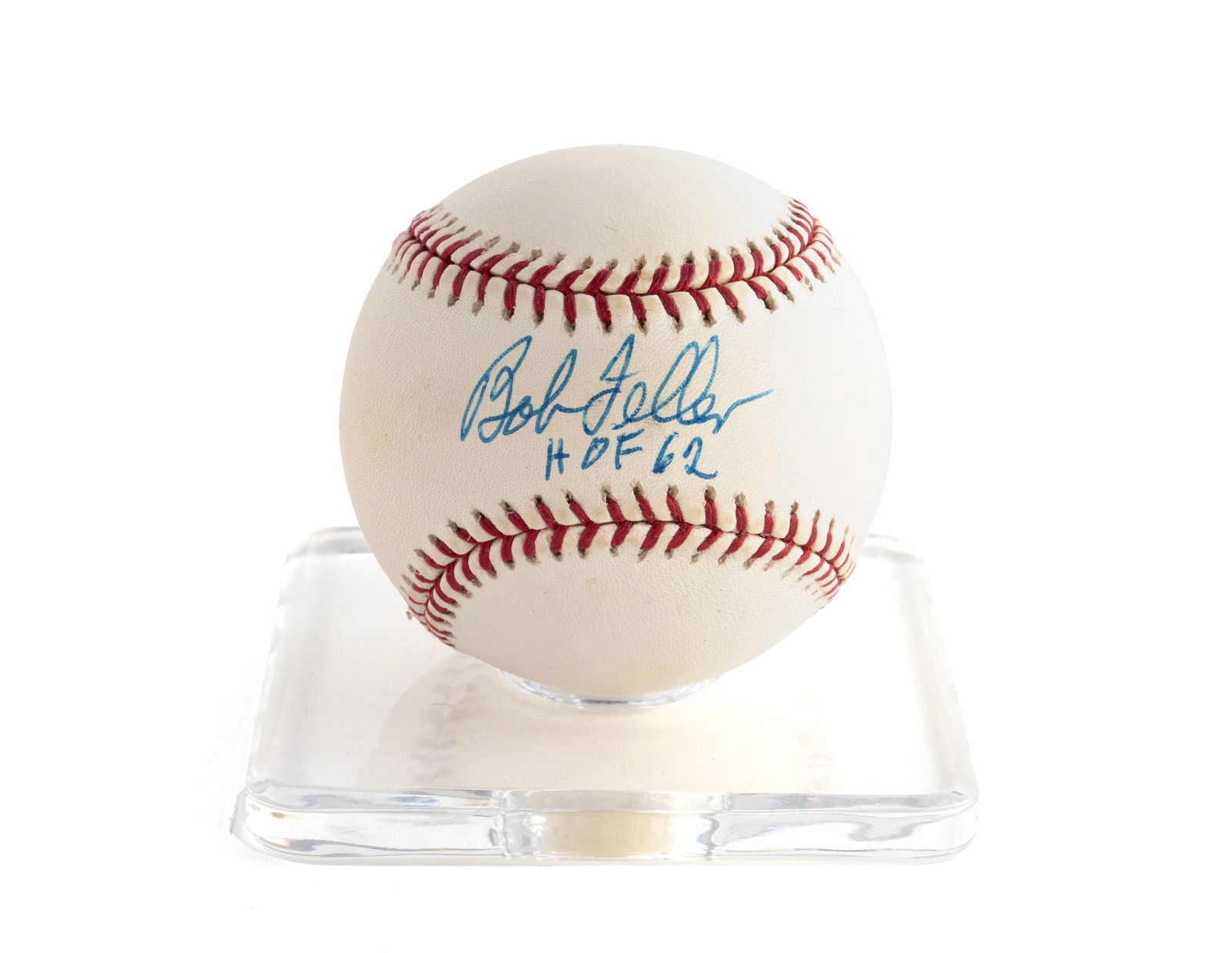 BOB FELLER AUTOGRAPHED BASEBALL: BOB FELLER AUTOGRAPHED BASEBALLRawlings Official Selig Major League Baseball. Signed with "HOF 62".Certified Authentic by Bang the Gavel, Inc.Collection of John Carver, Rock Island, Illinois