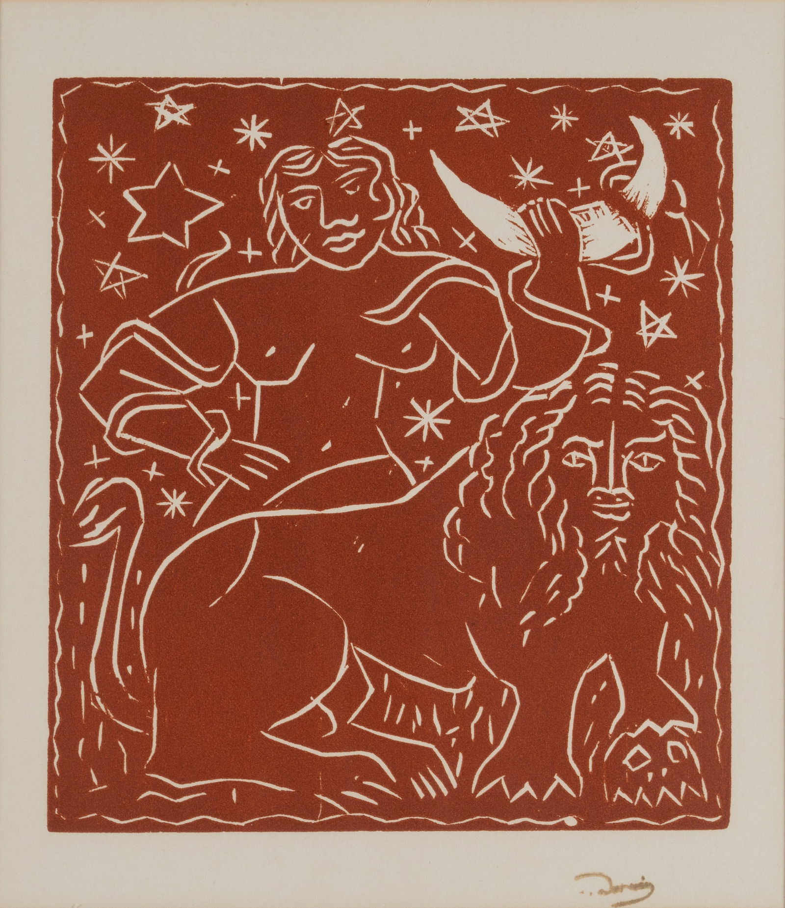 ANDRE DERAIN (FRENCH, 1880-1954): Andre DerainFrench, 1880-1954ZodiacWoodcutPrinted signature lower right, with certificate mounted backside. Matted and framed.Sight: 8 1/2 x 7 1/2 in. (21.6 x 19.1 cm.), Frame: 16 x 13 in. (40.6 x 33