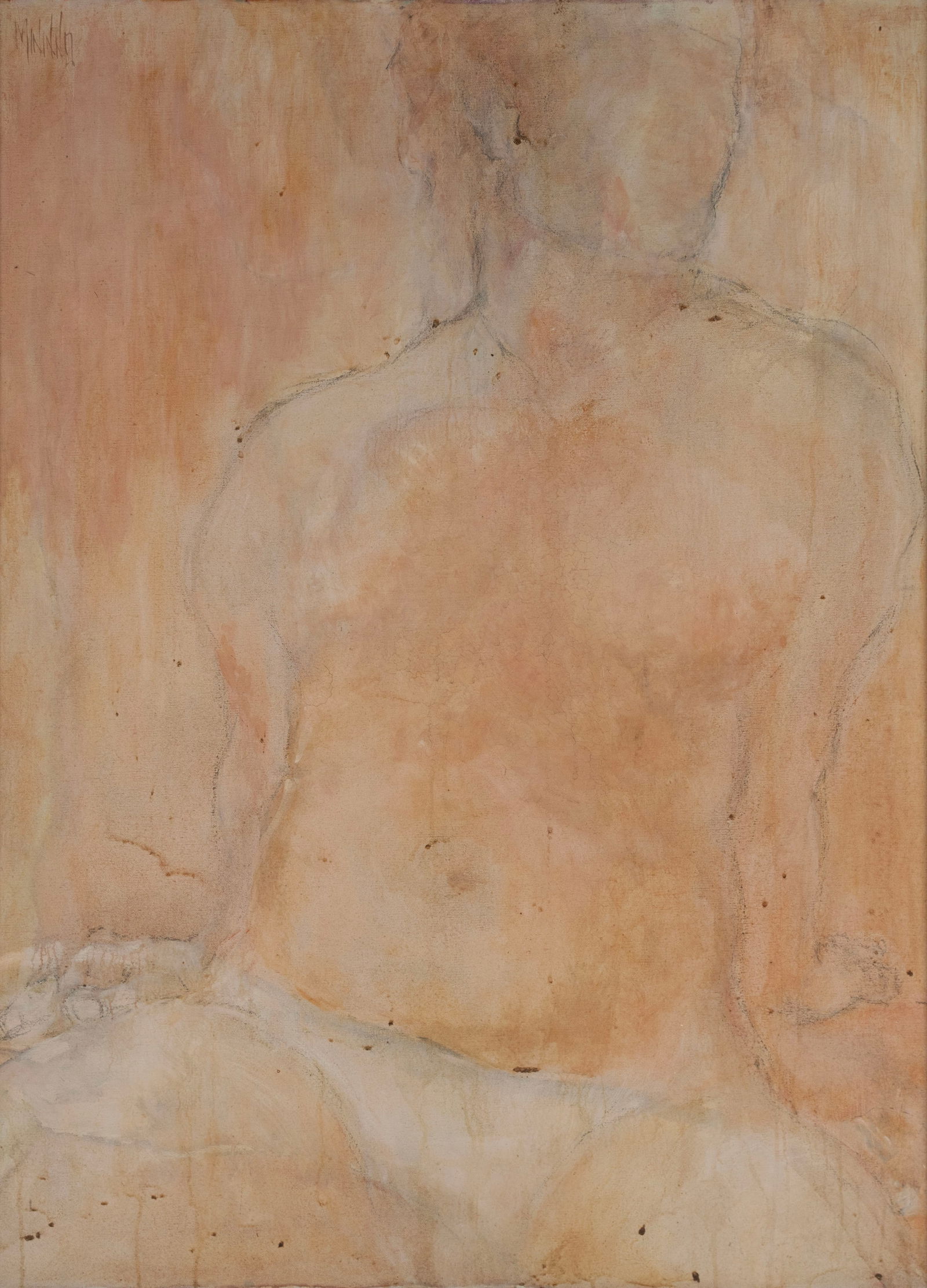 TONY MININNO (AMERICAN, 21ST C.): Tony MininnoAmerican, 21st c.Oil on canvasSigned upper left. Abstracted figure of a seated nude man, framed.Provenance: Estate of the actor, Ken Page, St. Louis, MOKenneth Page (January 20, 1954 ? Sep