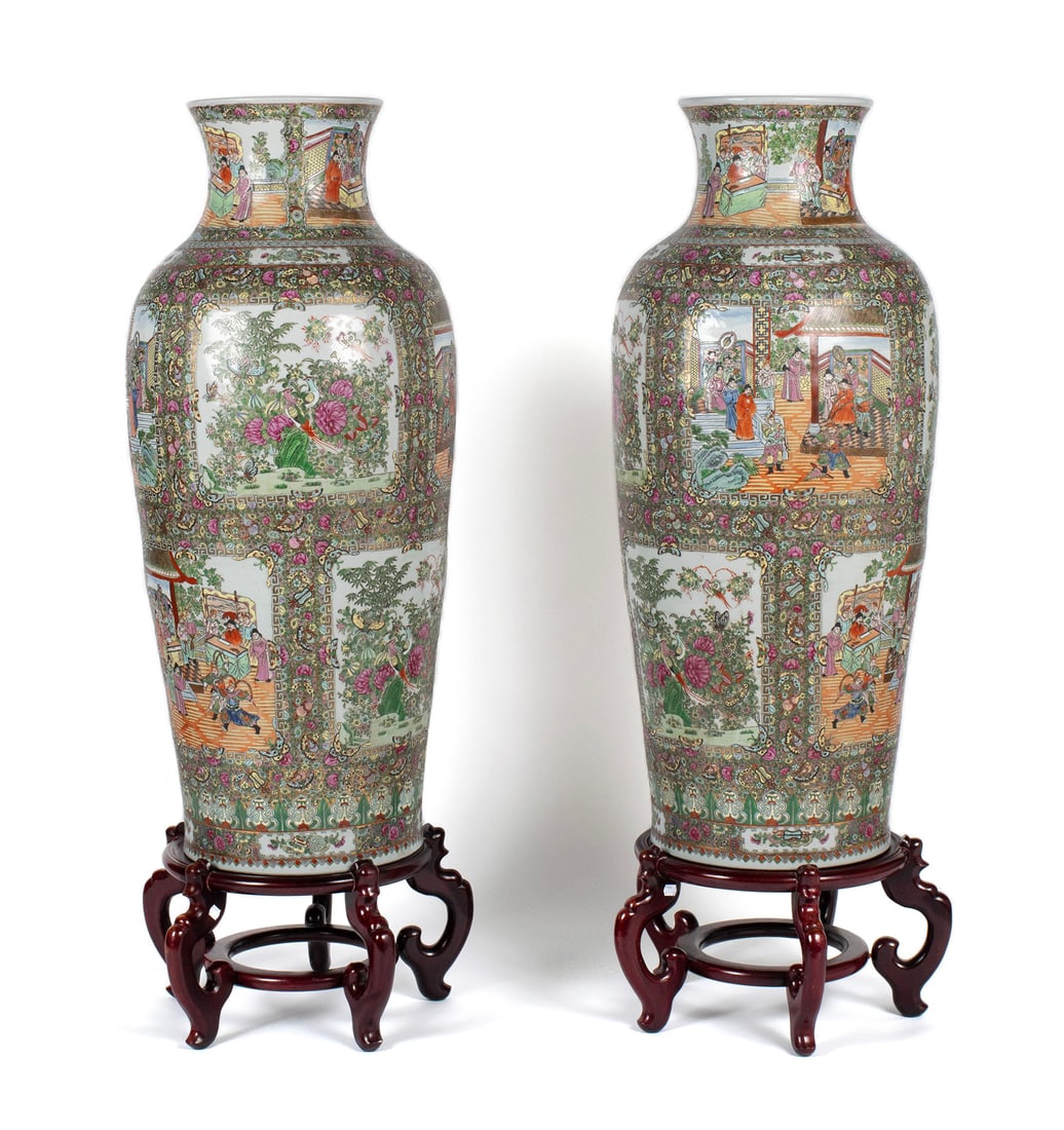 PAIR OF ROSE MEDALLION PORCELAIN FLOOR VASES (1 of 11)