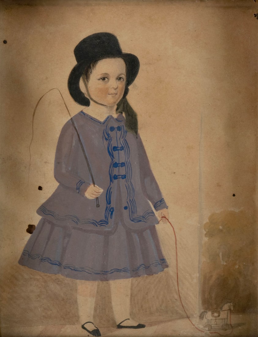 ENGLISH OR AMERICAN SCHOOL, PORTRAIT OF A BOY: ENGLISH OR AMERICAN SCHOOL, PORTRAIT OF A BOYDated 1850, watercolor and gouache on paper. Portrait of a young boy in purple, holding a riding crop and pulling a horse pull toy, framed. Inscribed on ba