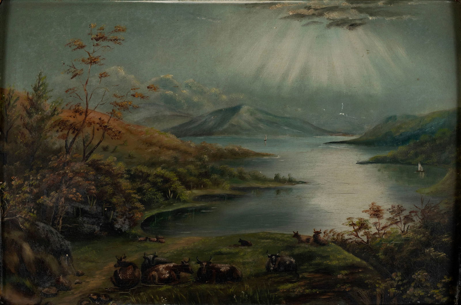 LANDSCAPE IN THE MANNER OF JAMES MCDOUGAL HART: LANDSCAPE IN THE MANNER OF JAMES MCDOUGAL HARTOil on artist board, unsigned with markings verso, 19th/early 20th century. Expansive bucolic landscape with cattle reclining along a lake shore, with sai